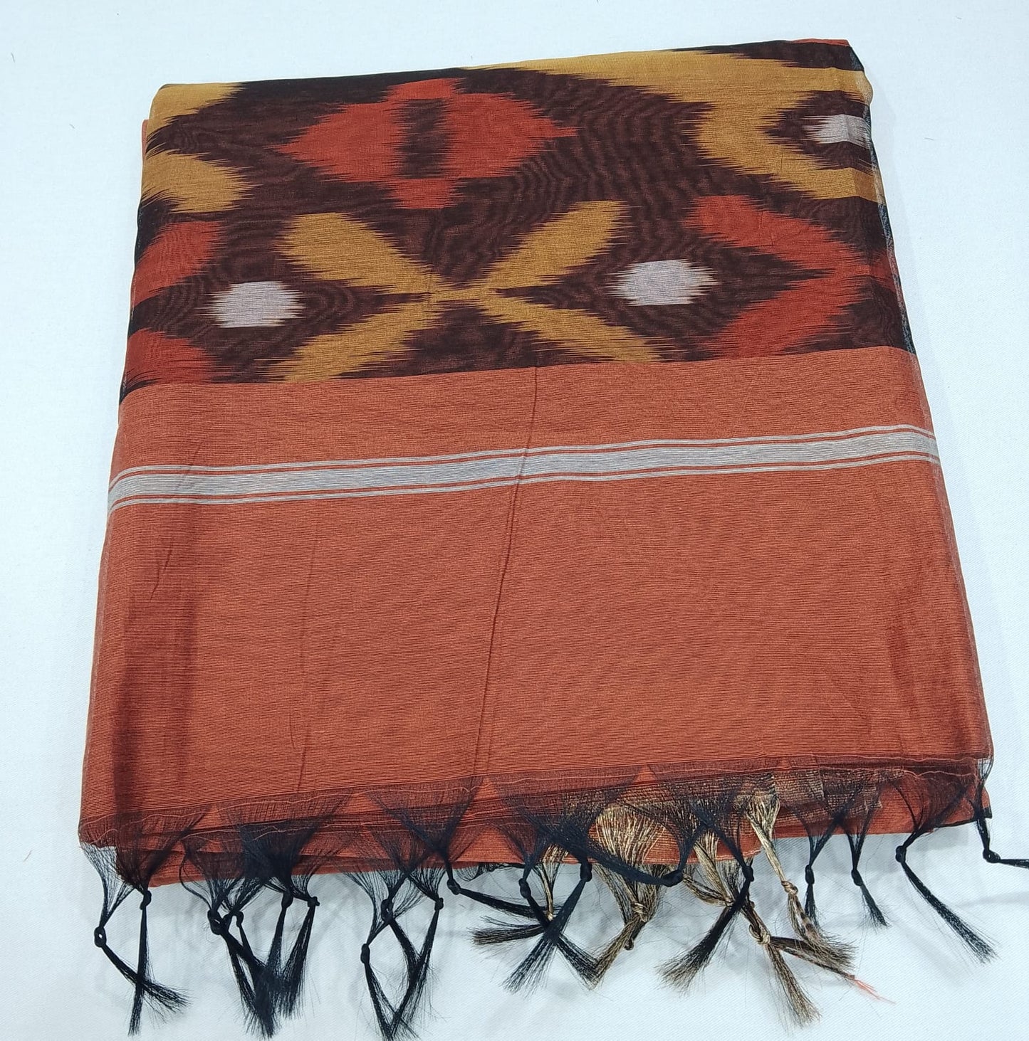 Silk Cotton Pochampally Ikat Saree in Peach Coral with Traditional Designer Pallu