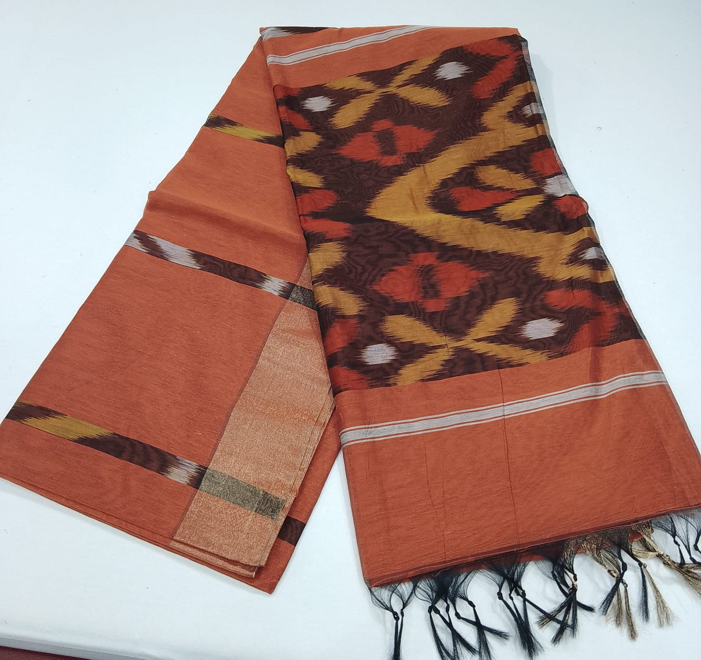 Silk Cotton Pochampally Ikat Saree in Peach Coral with Traditional Designer Pallu
