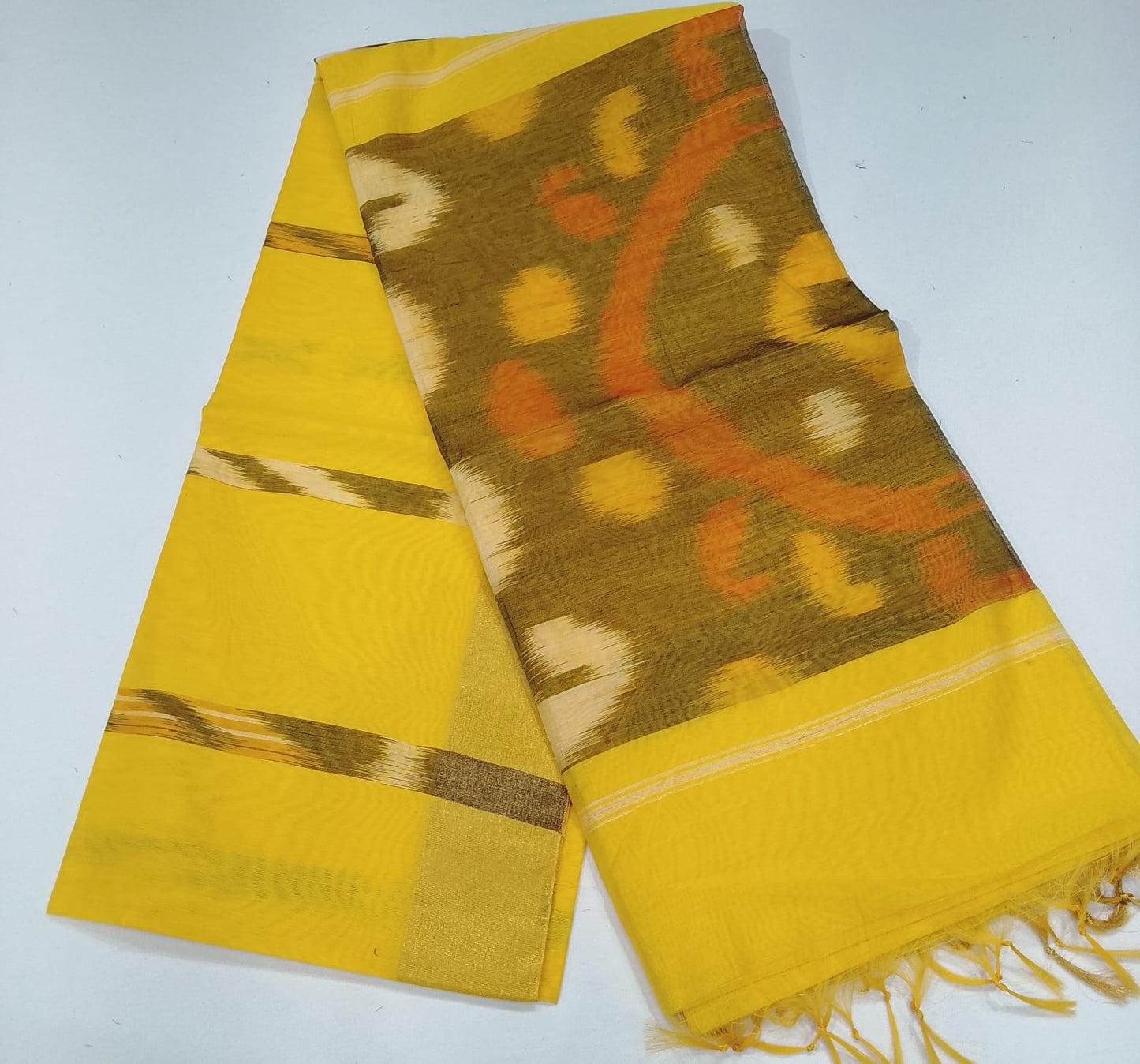 Cotton Silk Pochampally Ikat Saree in Sunshine Yellow with Designer Ikat Pallu