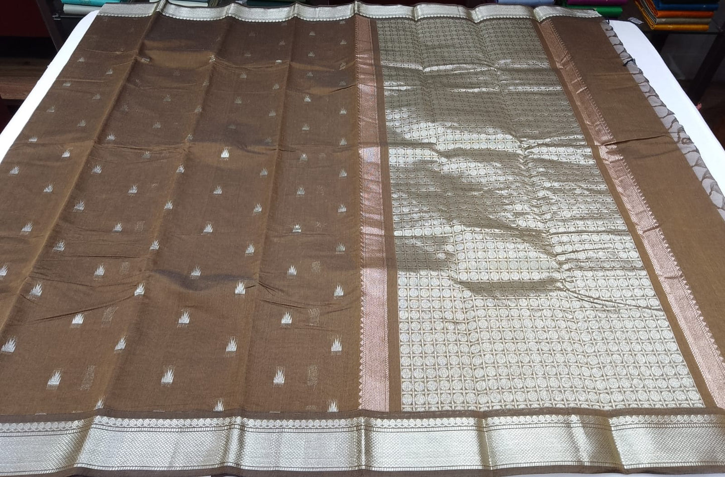 Handloom Silk Cotton Saree in Coffee Brown with Silver Zari Buttas & Rich Pallu