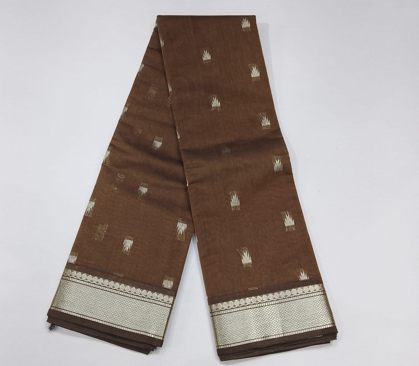 Handloom Silk Cotton Saree in Coffee Brown with Silver Zari Buttas & Rich Pallu