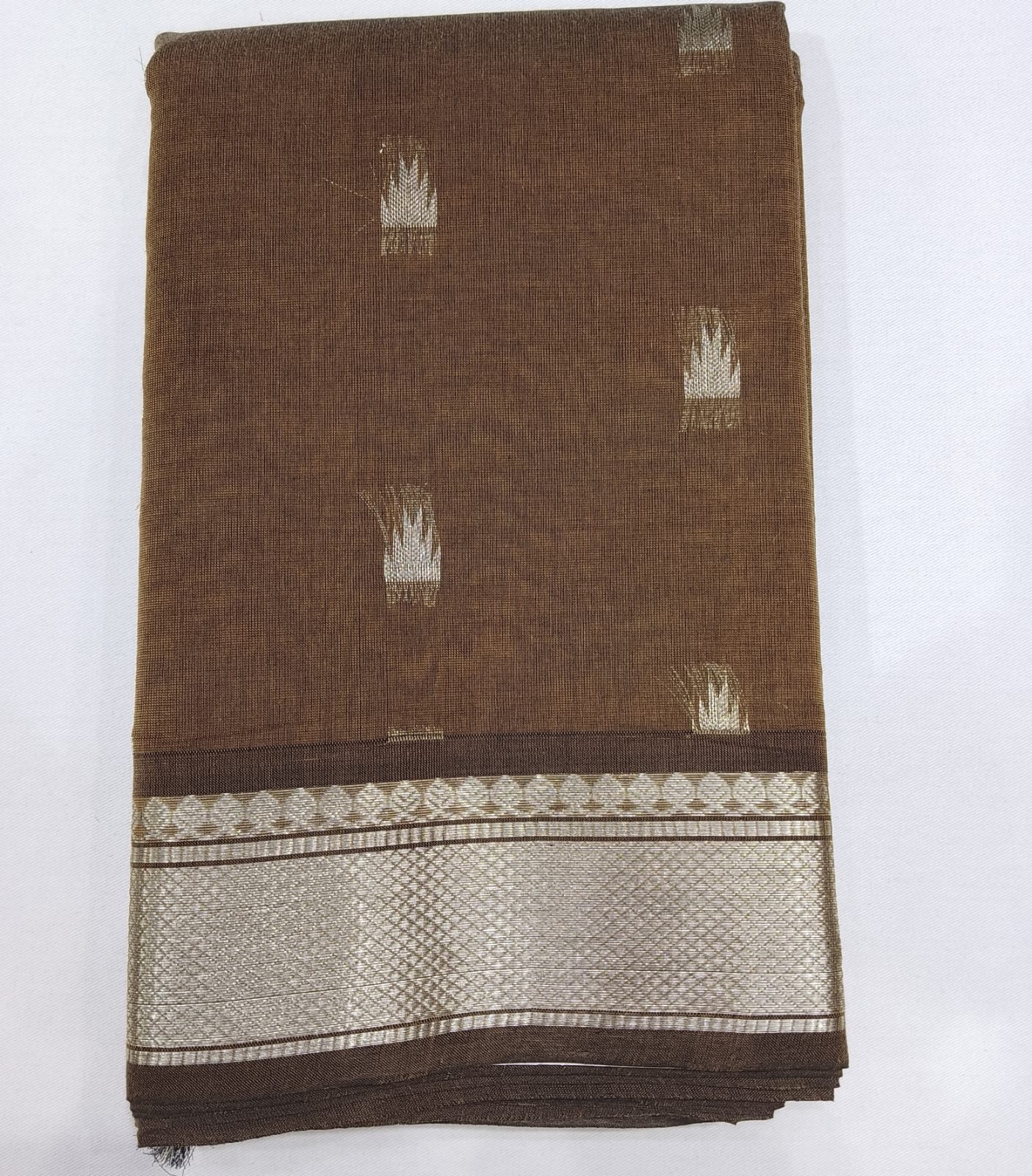 Handloom Silk Cotton Saree in Coffee Brown with Silver Zari Buttas & Rich Pallu