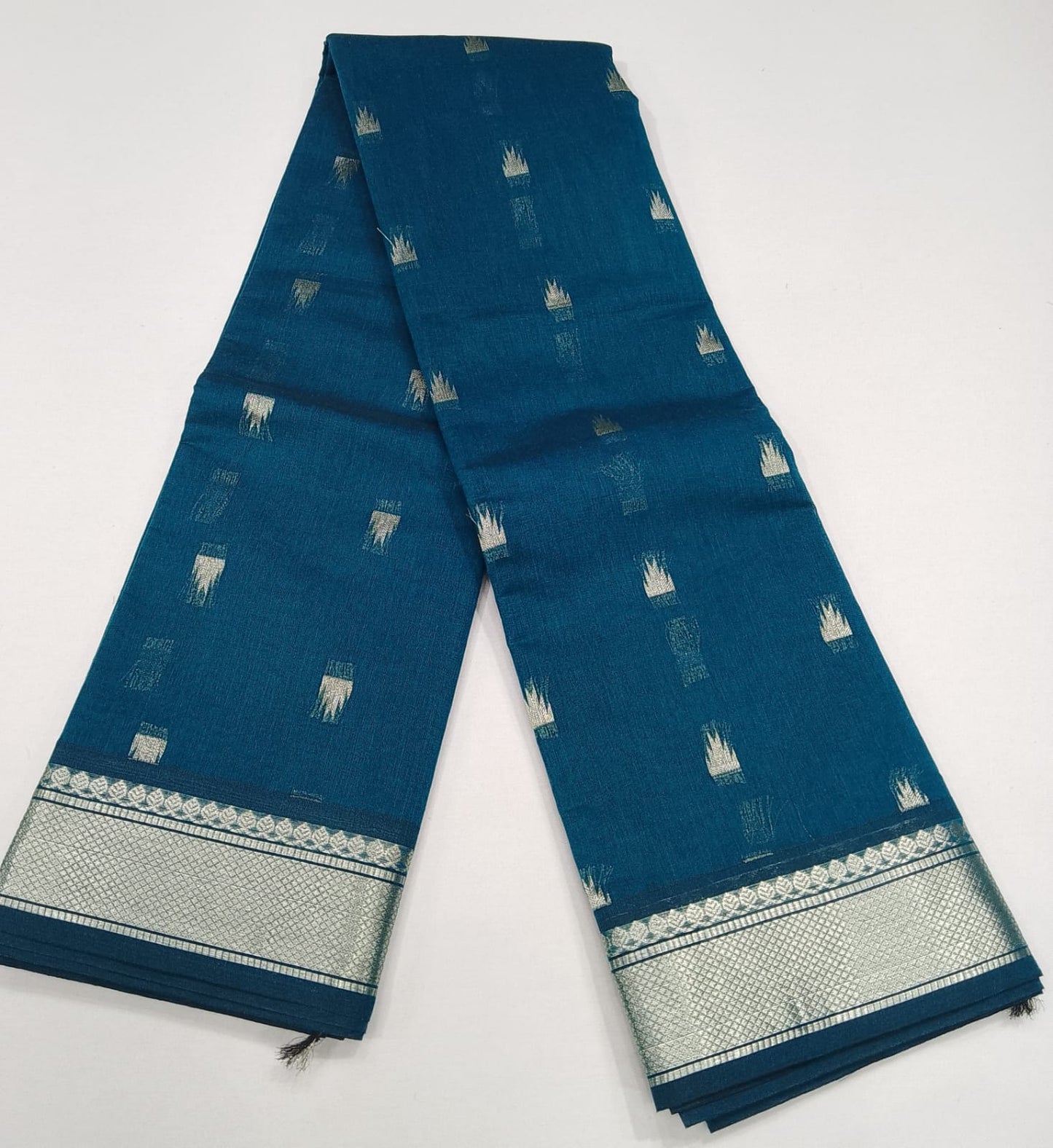 Handloom Silk Cotton Saree in Peacock Blue with Silver Zari Buttas & Grand Pallu