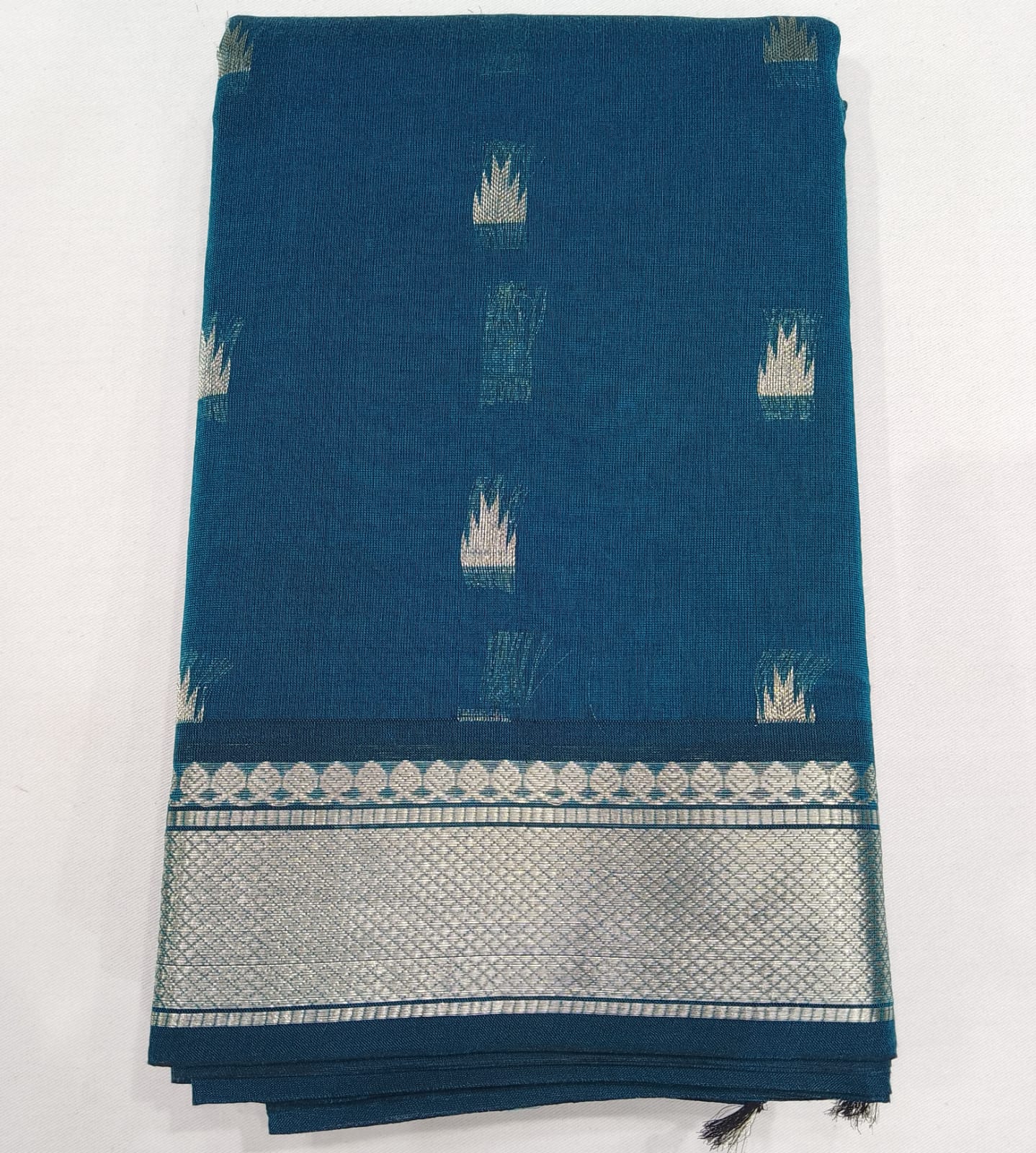 Handloom Silk Cotton Saree in Peacock Blue with Silver Zari Buttas & Grand Pallu