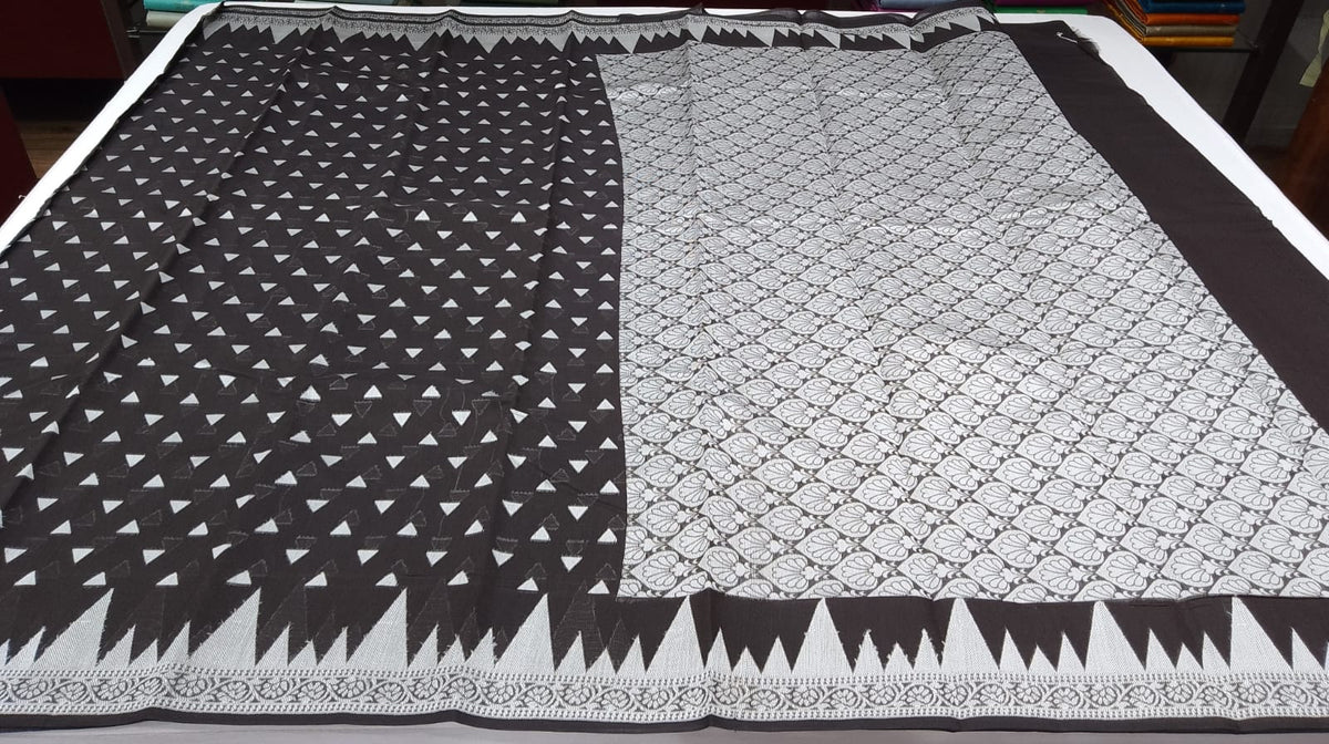 Handloom Silk Cotton Saree in Classic Black with Ivory White Geometric Weaves