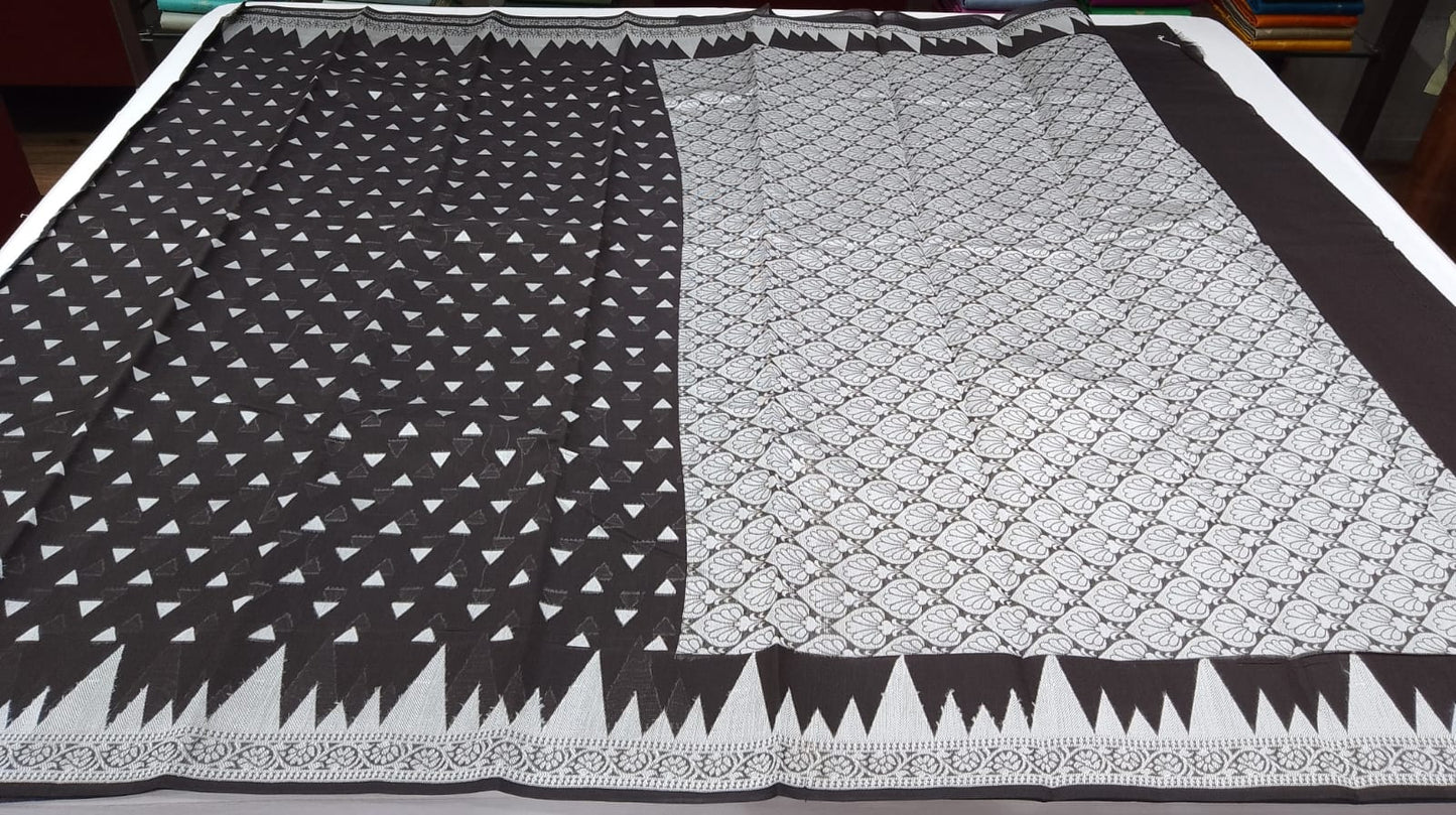 Handloom Silk Cotton Saree in Classic Black with Ivory White Geometric Weaves