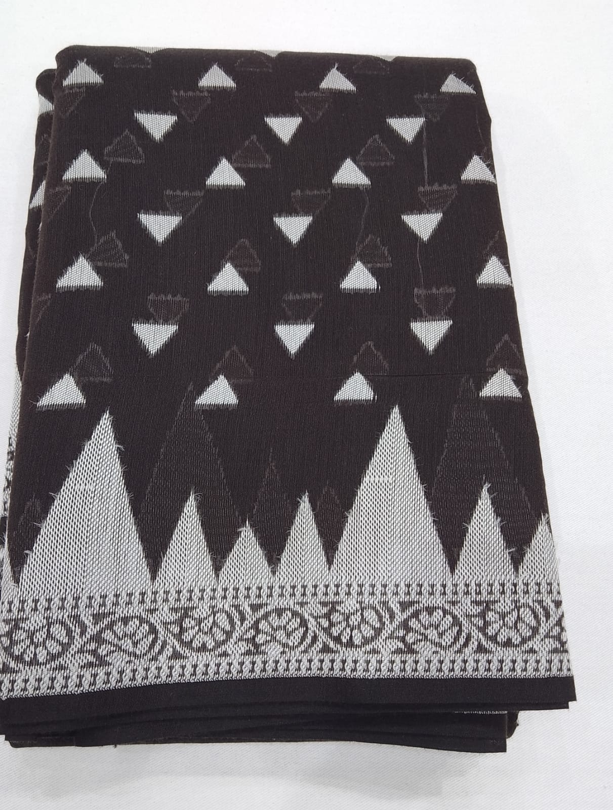 Handloom Silk Cotton Saree in Classic Black with Ivory White Geometric Weaves
