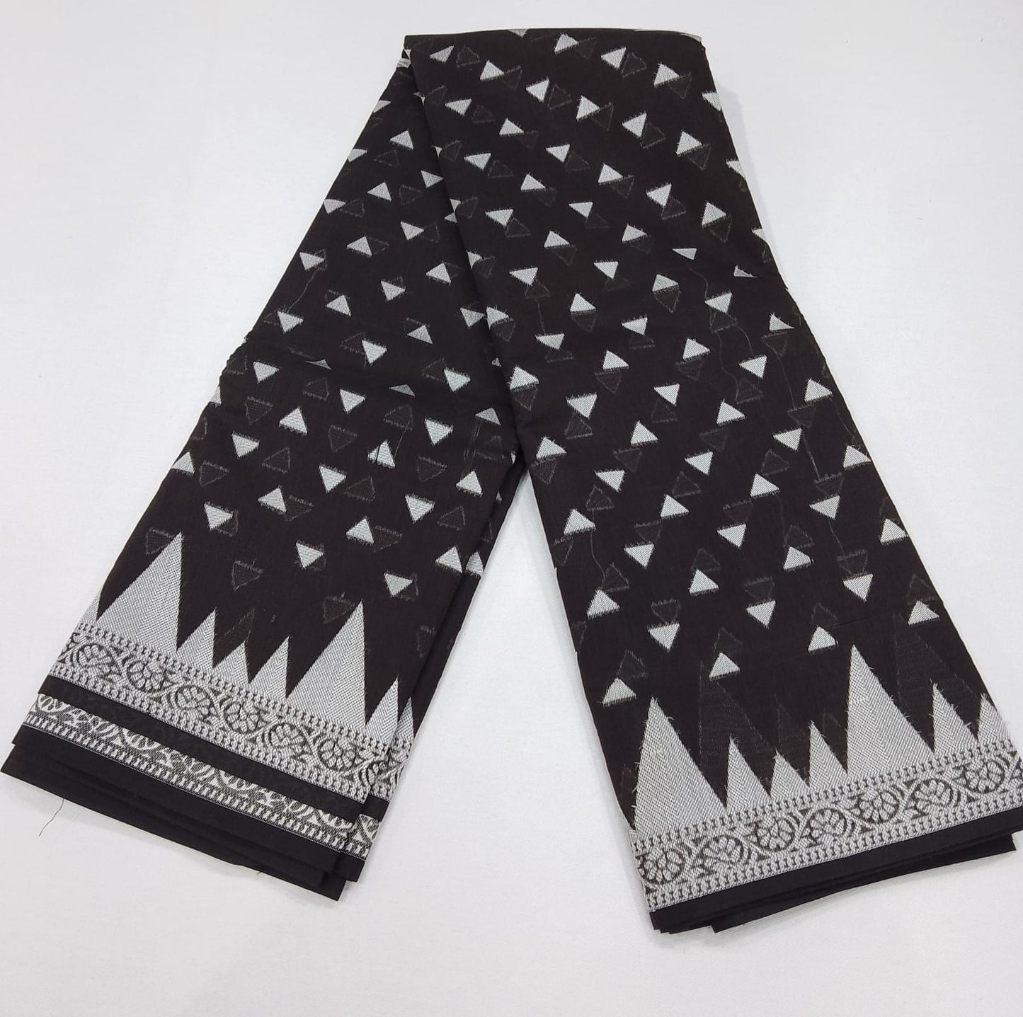 Handloom Silk Cotton Saree in Classic Black with Ivory White Geometric Weaves
