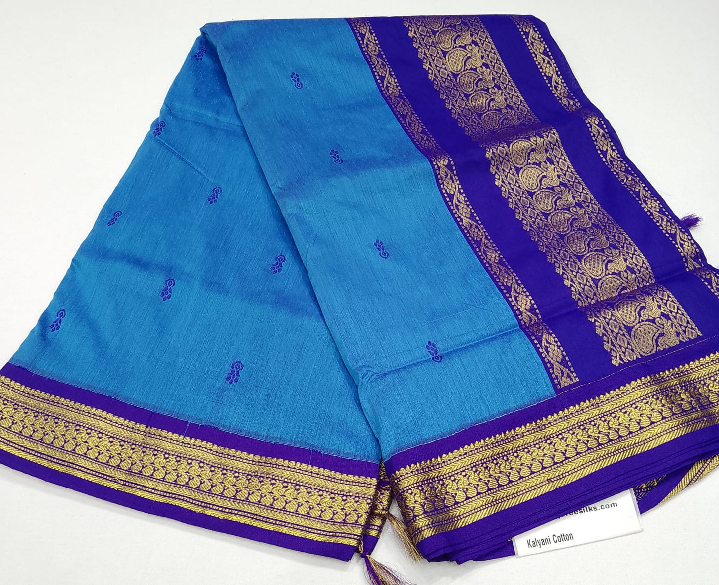 Kalyani Cotton Saree in Sky Blue with Royal Purple Zari Border & Rich Pallu