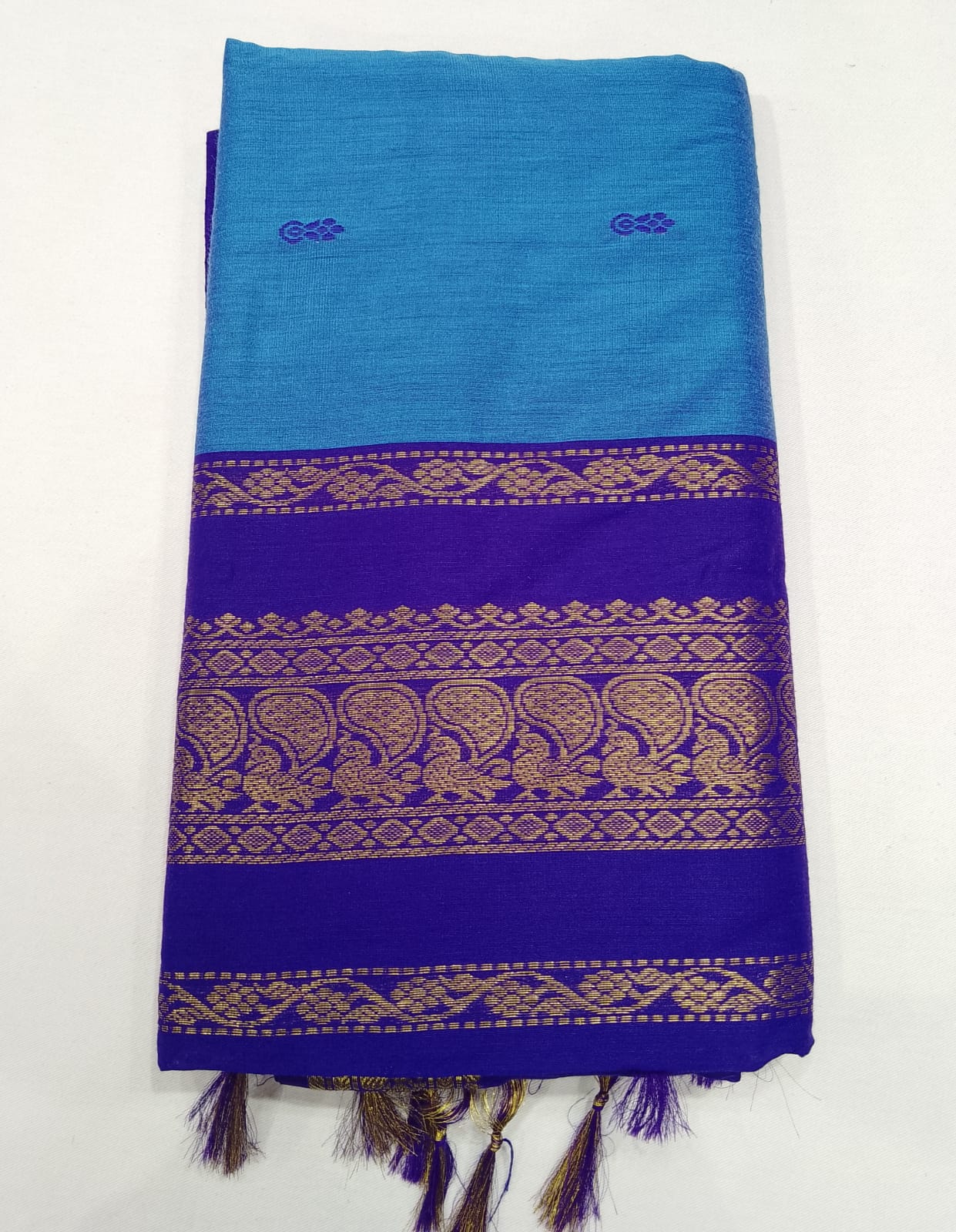 Kalyani Cotton Saree in Sky Blue with Royal Purple Zari Border & Rich Pallu