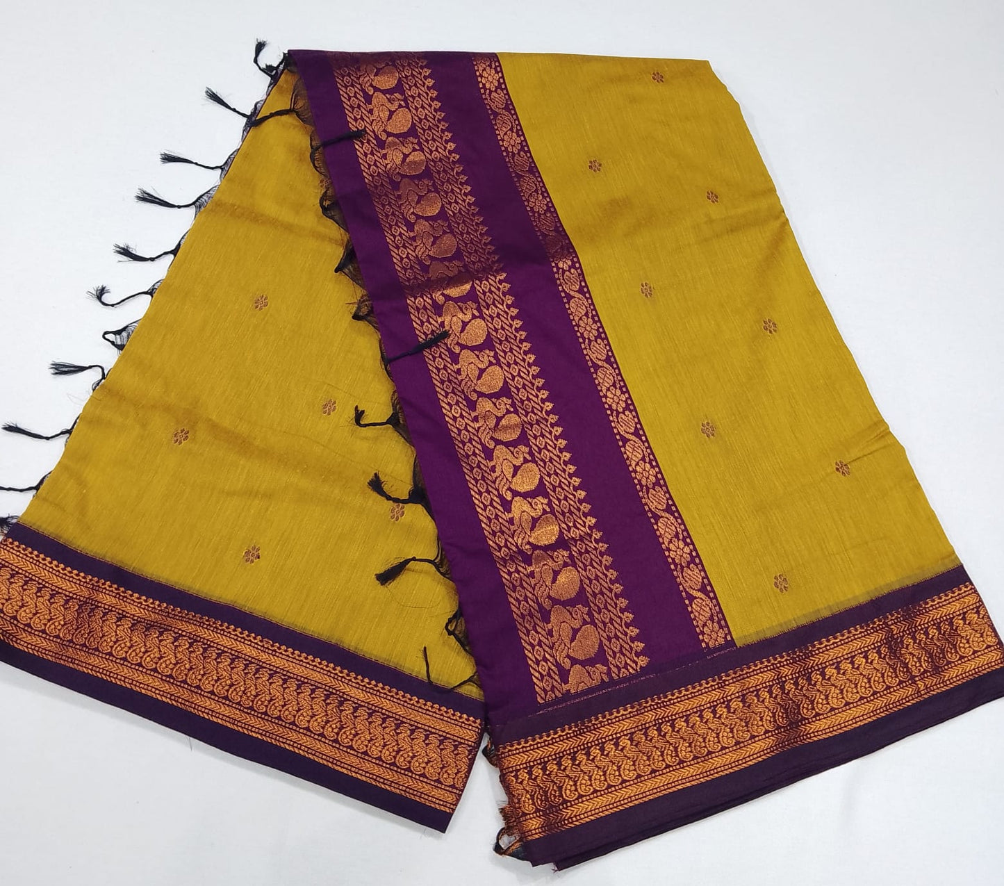 Kalyani Cotton Saree in Mustard Yellow with Royal Purple Zari Pallu