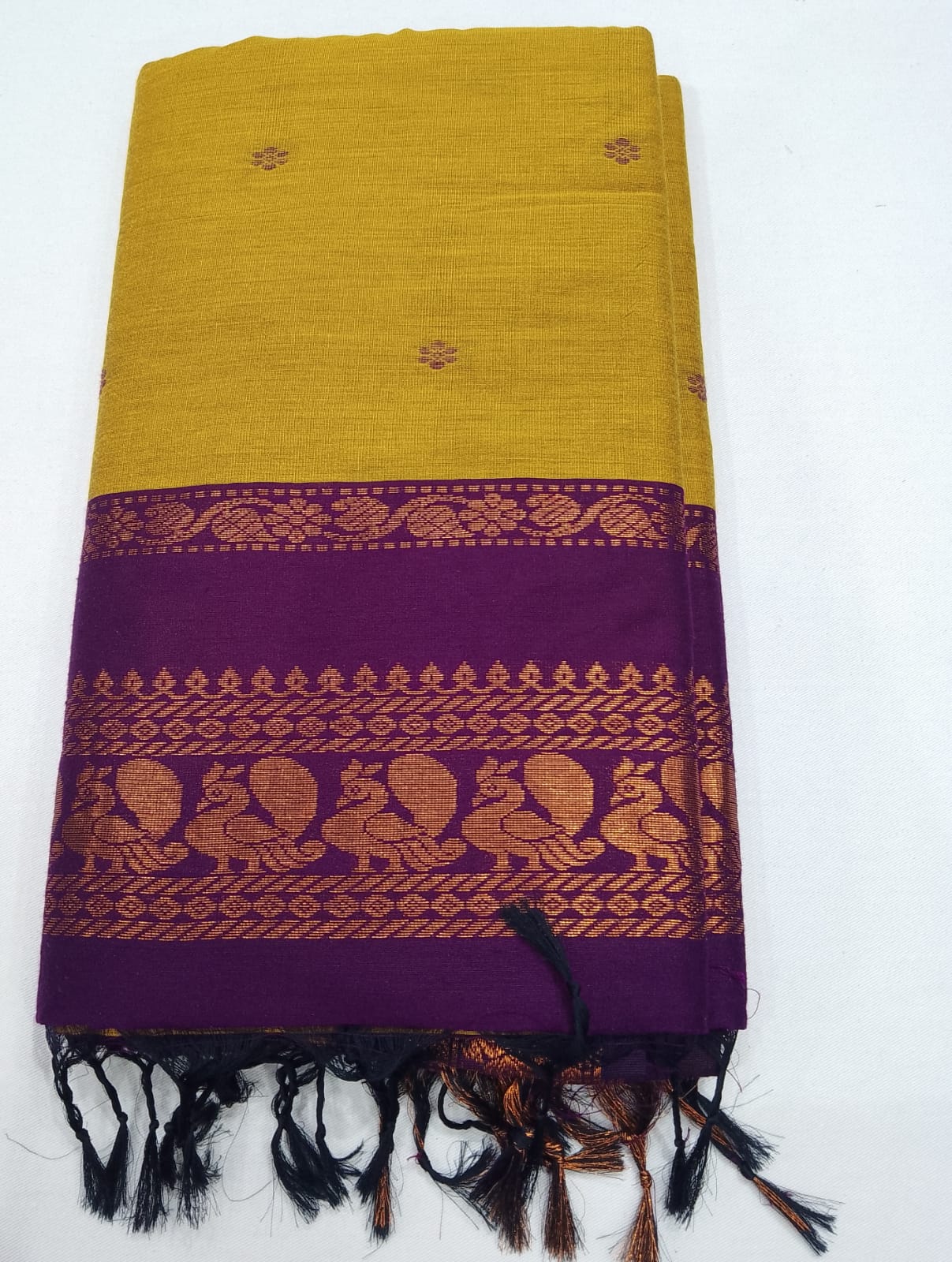 Kalyani Cotton Saree in Mustard Yellow with Royal Purple Zari Pallu