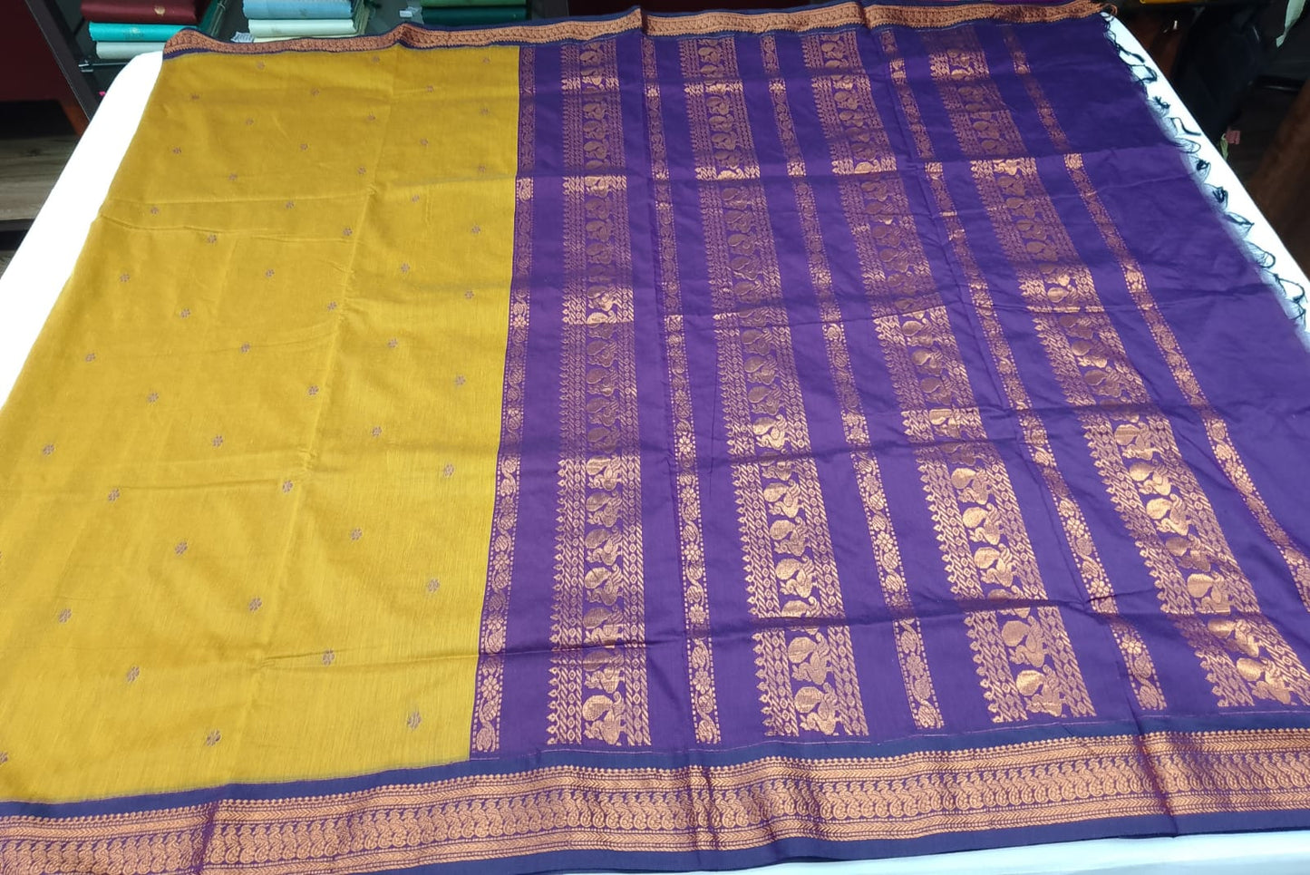 Kalyani Cotton Saree in Mustard Yellow with Royal Purple Zari Pallu
