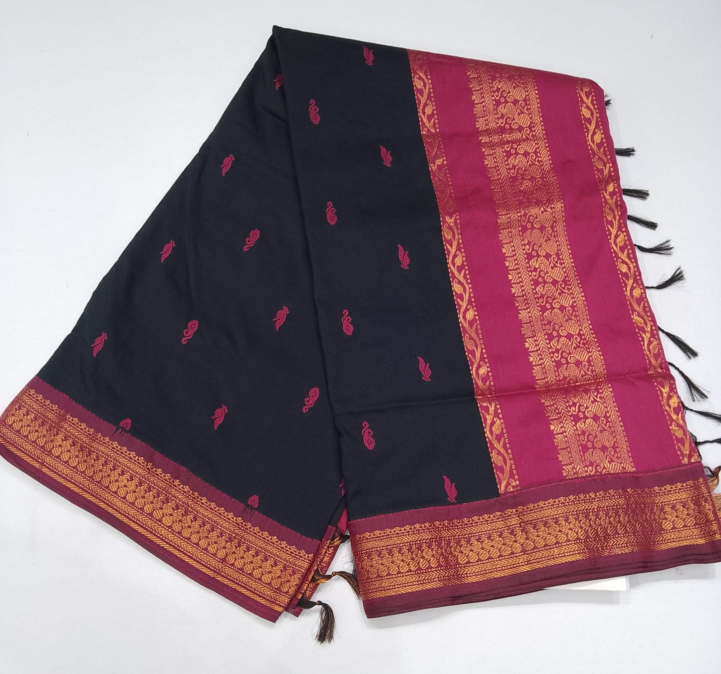 Kalyani Cotton Saree in Black with Rani Pink Zari Pallu