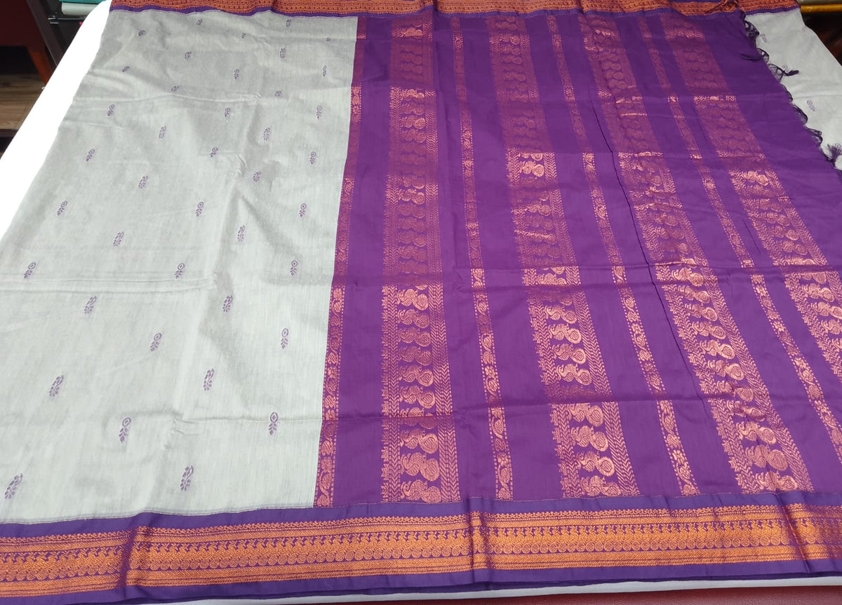 Kalyani Cotton Saree in Pearl Grey with Royal Purple Zari Pallu