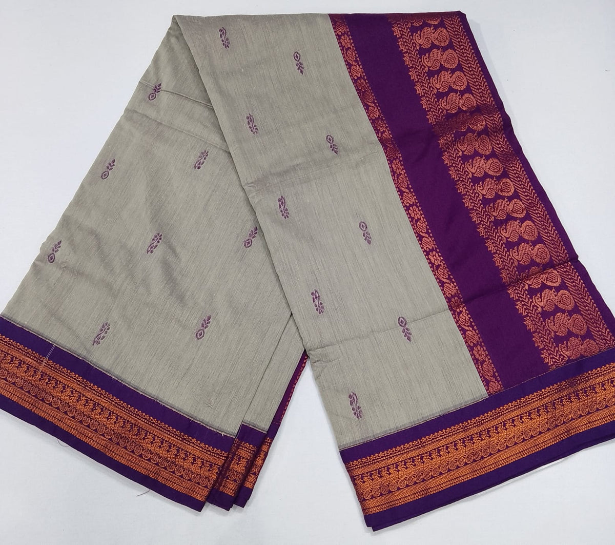 Kalyani Cotton Saree in Pearl Grey with Royal Purple Zari Pallu