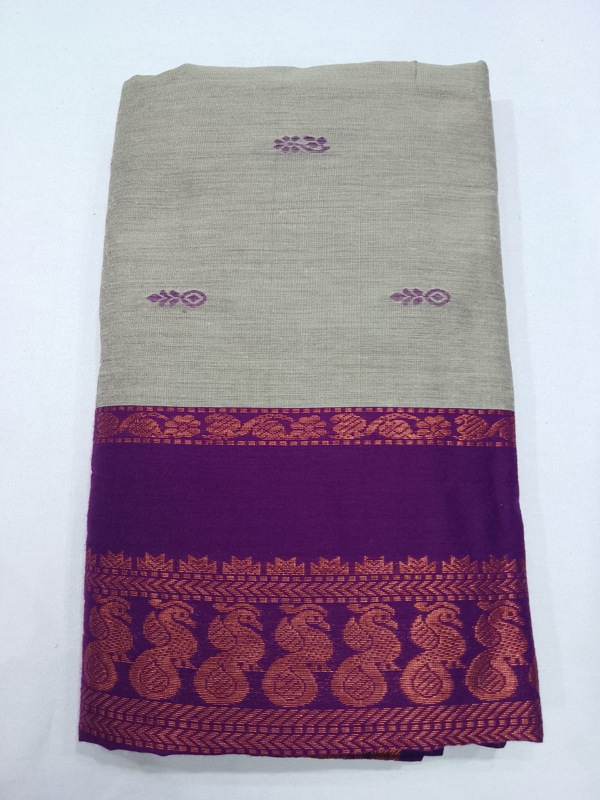 Kalyani Cotton Saree in Pearl Grey with Royal Purple Zari Pallu