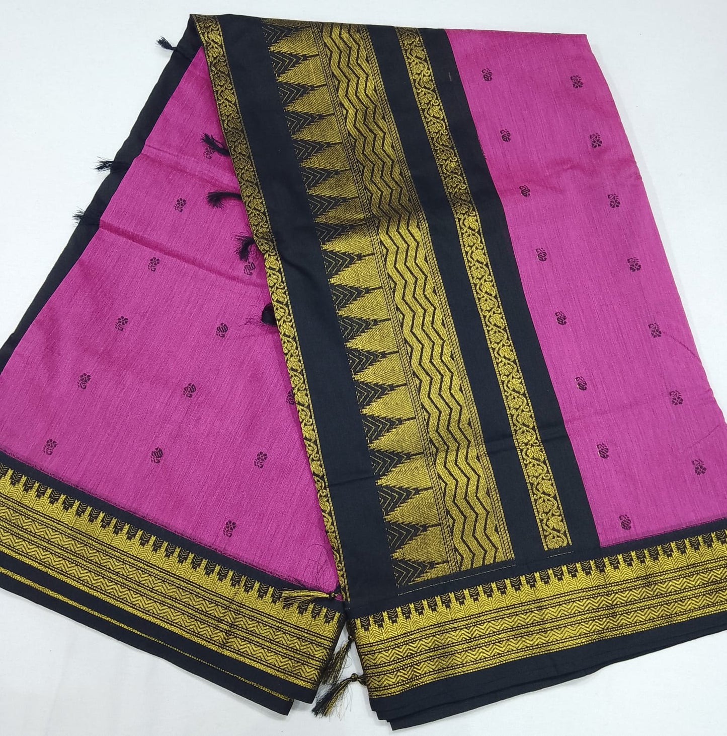 Kalyani Cotton Saree in Rani Pink with Black Antique Gold Zari Border