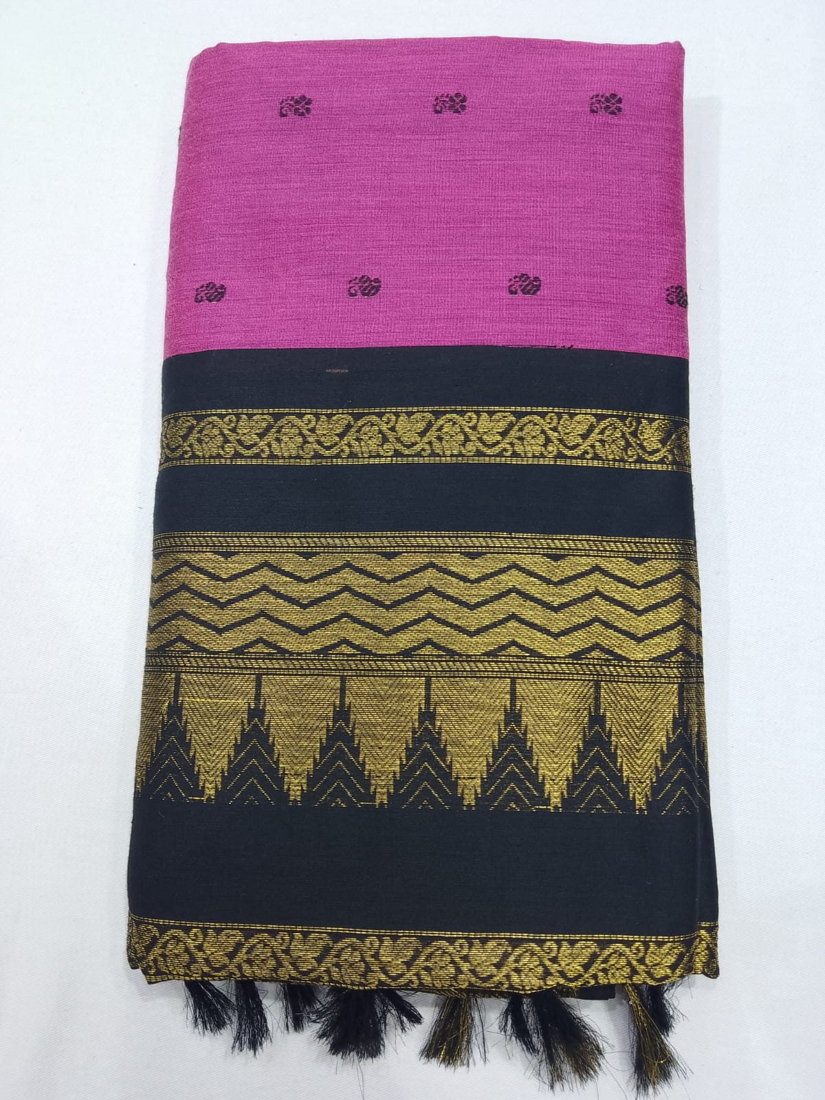 Kalyani Cotton Saree in Rani Pink with Black Antique Gold Zari Border