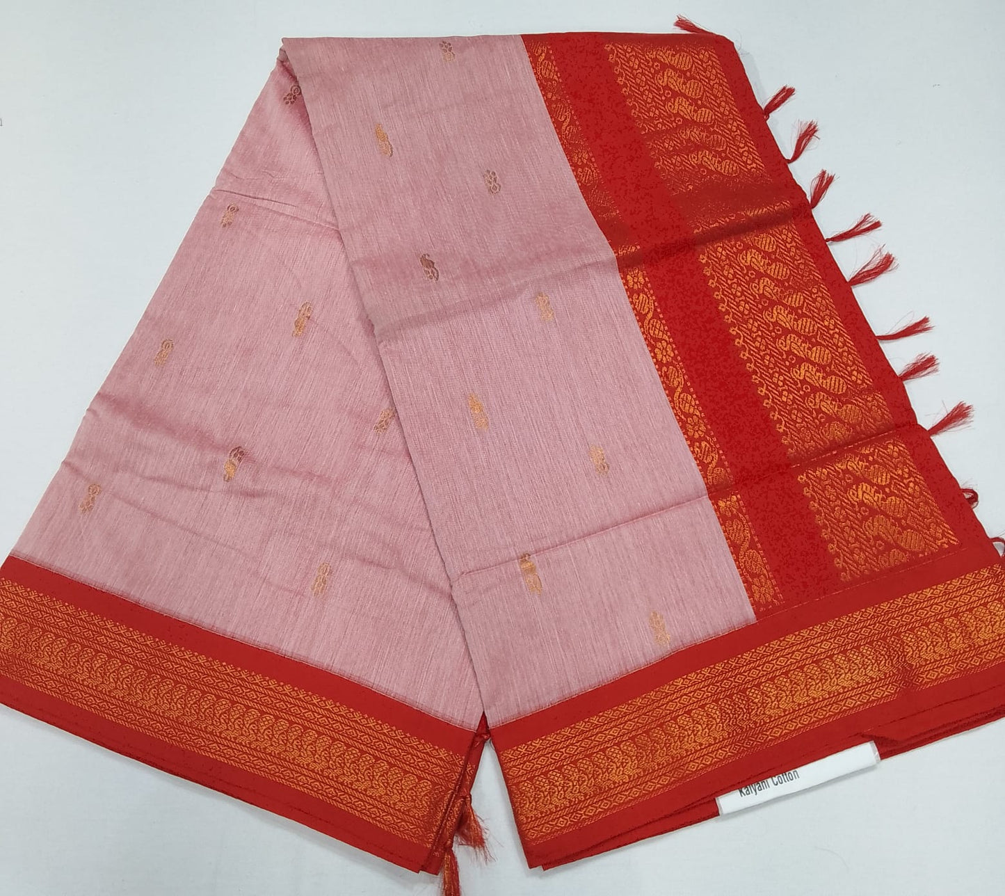 Kalyani Cotton Saree in Baby Pink with Vermilion Red Zari Pallu