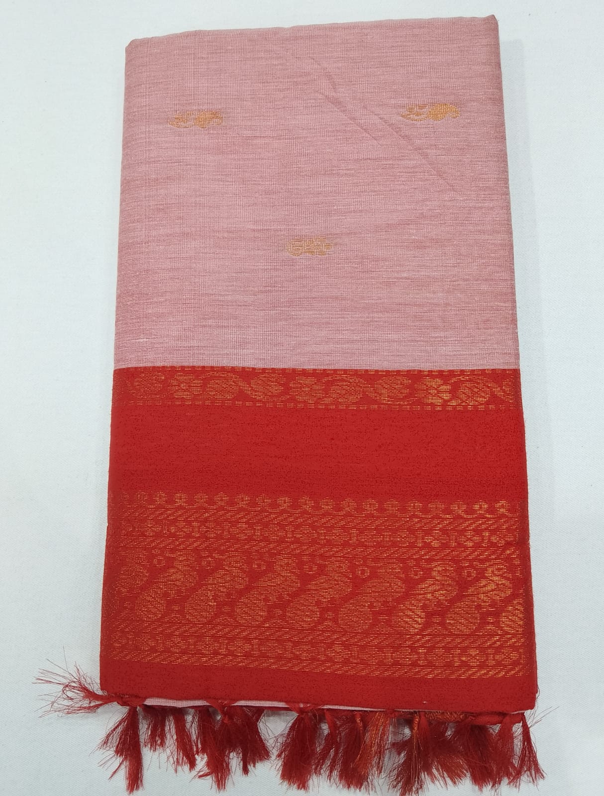 Kalyani Cotton Saree in Baby Pink with Vermilion Red Zari Pallu