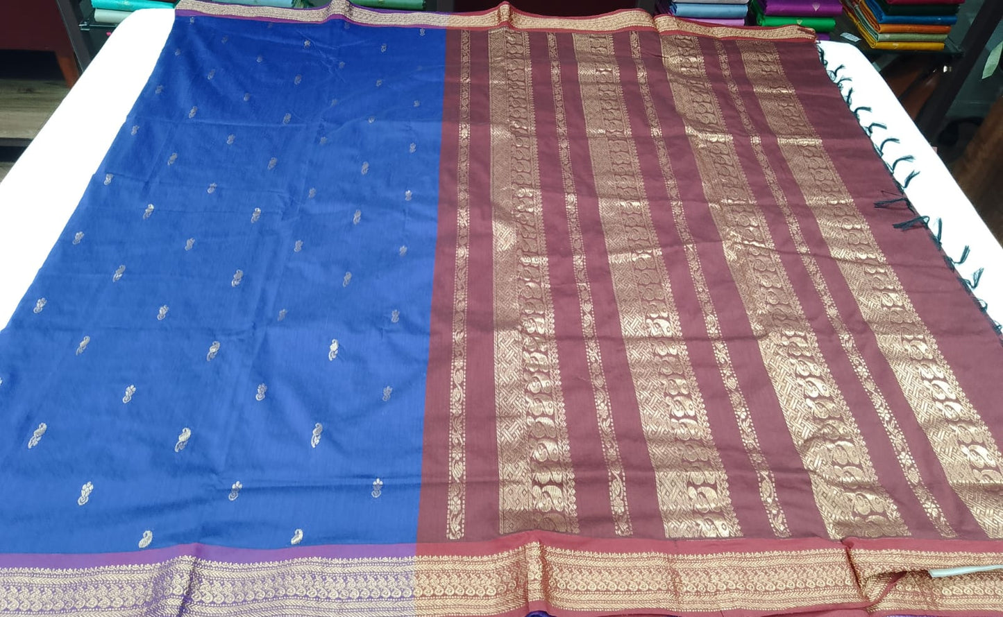 Kalyani Cotton Saree in Royal Blue with Maroon Gold Zari Pallu