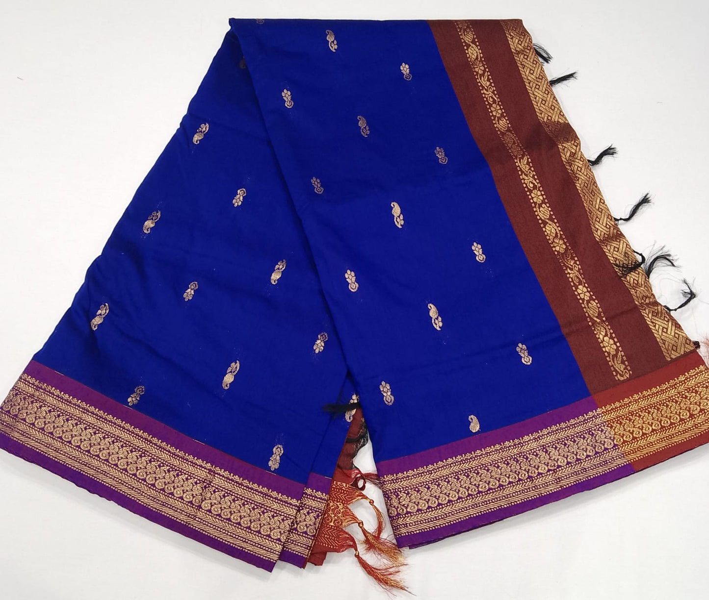 Kalyani Cotton Saree in Royal Blue with Maroon Gold Zari Pallu