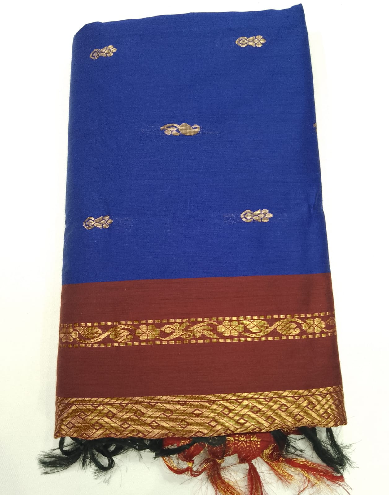 Kalyani Cotton Saree in Royal Blue with Maroon Gold Zari Pallu