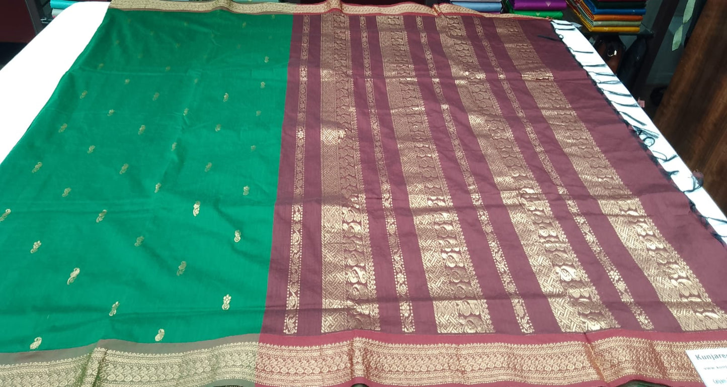 Kalyani Cotton Saree in Emerald Green with Wine Maroon Zari Woven Pallu