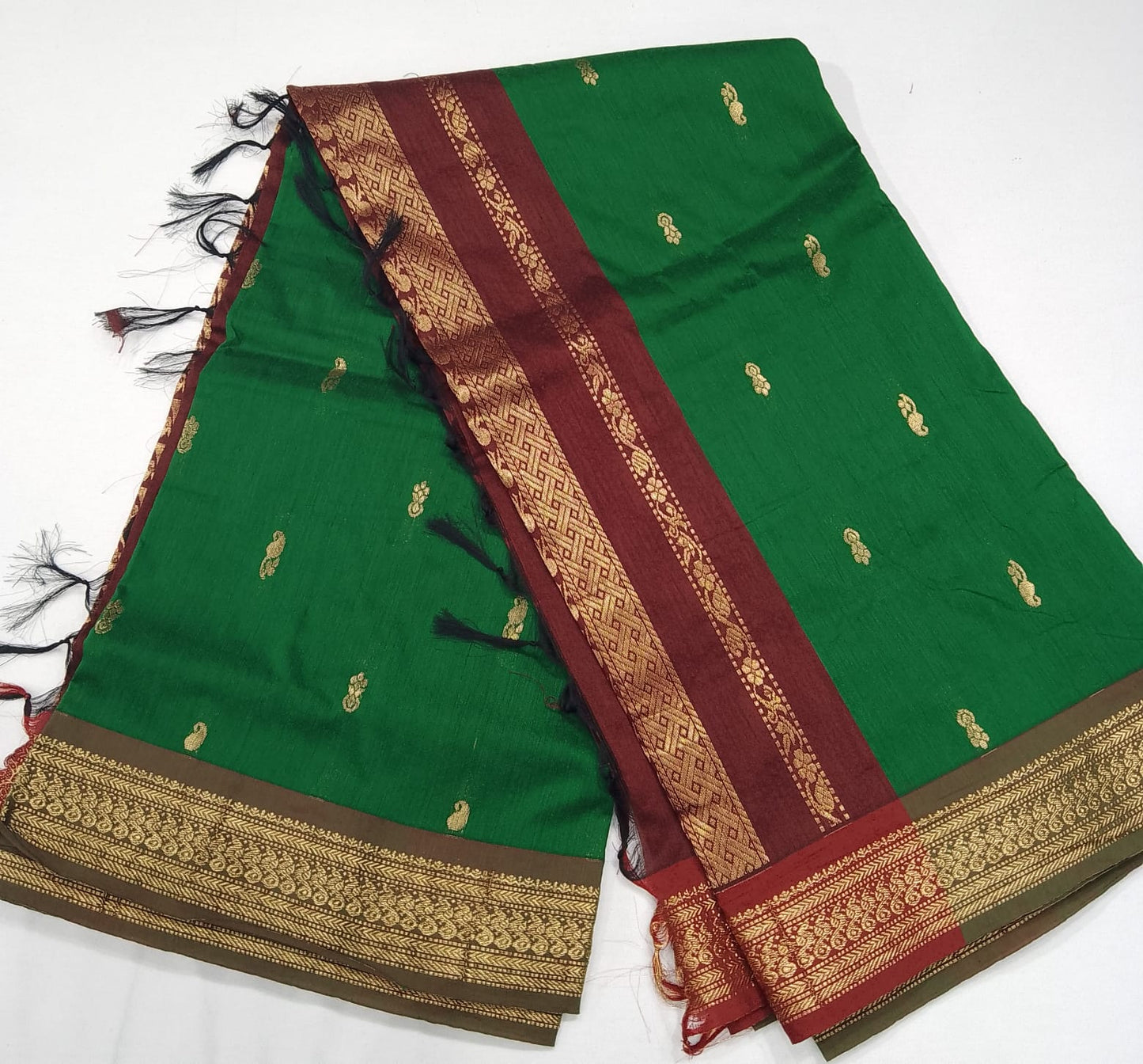Kalyani Cotton Saree in Emerald Green with Wine Maroon Zari Woven Pallu