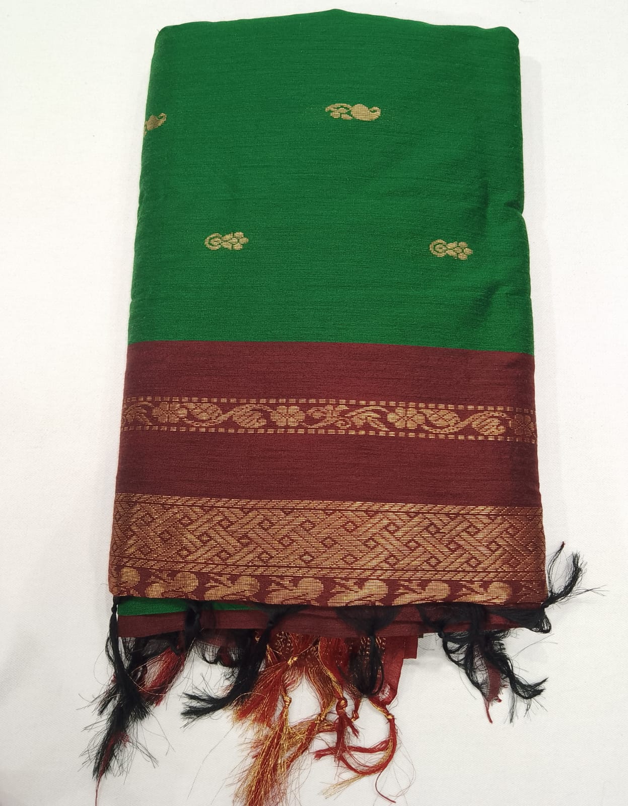 Kalyani Cotton Saree in Emerald Green with Wine Maroon Zari Woven Pallu