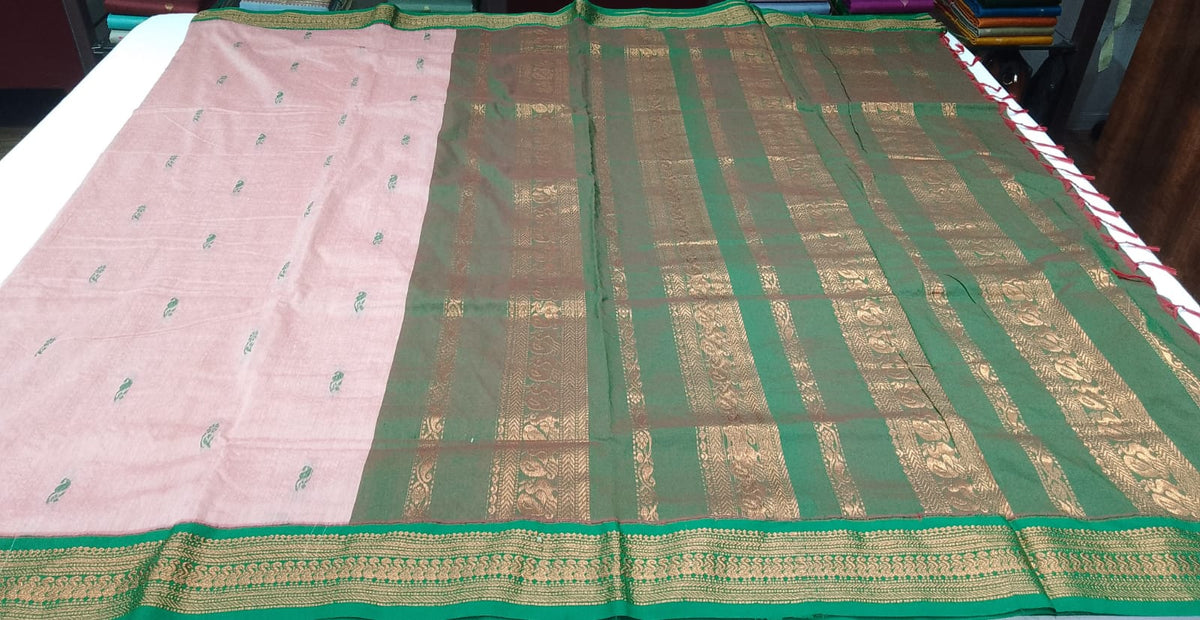 Kalyani Cotton Saree in Baby Pink with Emerald Green Zari Woven Pallu