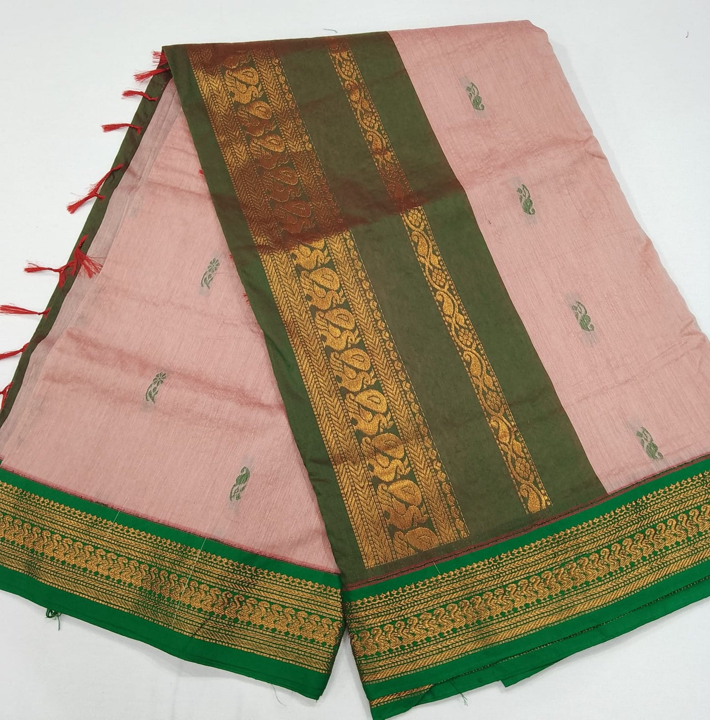 Kalyani Cotton Saree in Baby Pink with Emerald Green Zari Woven Pallu