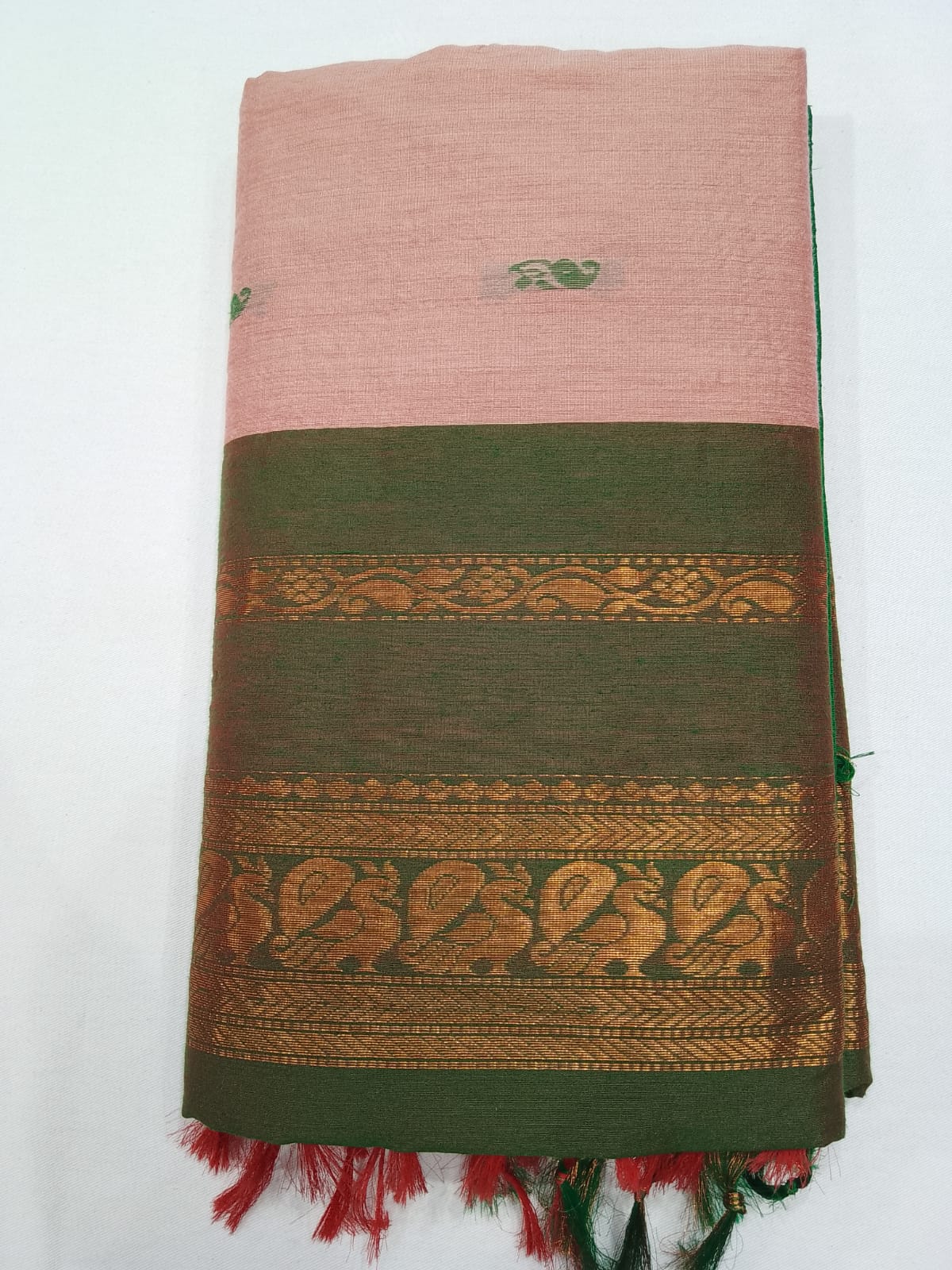 Kalyani Cotton Saree in Baby Pink with Emerald Green Zari Woven Pallu