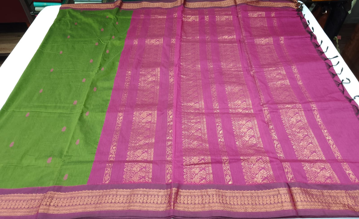 Kalyani Cotton Saree in Leaf Green with Rani Pink Zari Woven Pallu