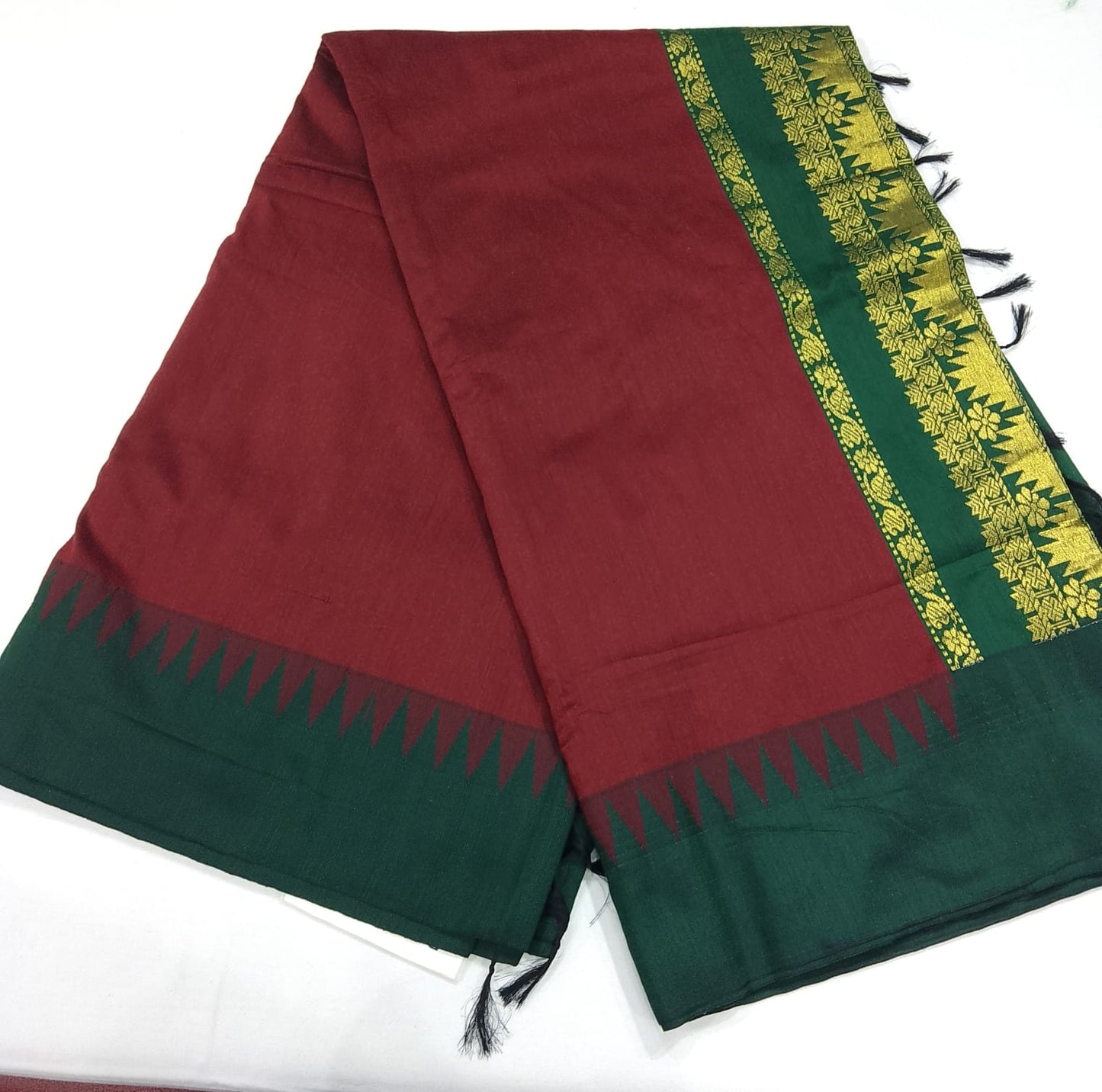 Rust Maroon Kalyani Cotton Saree with Bottle Green Zari Woven Pallu