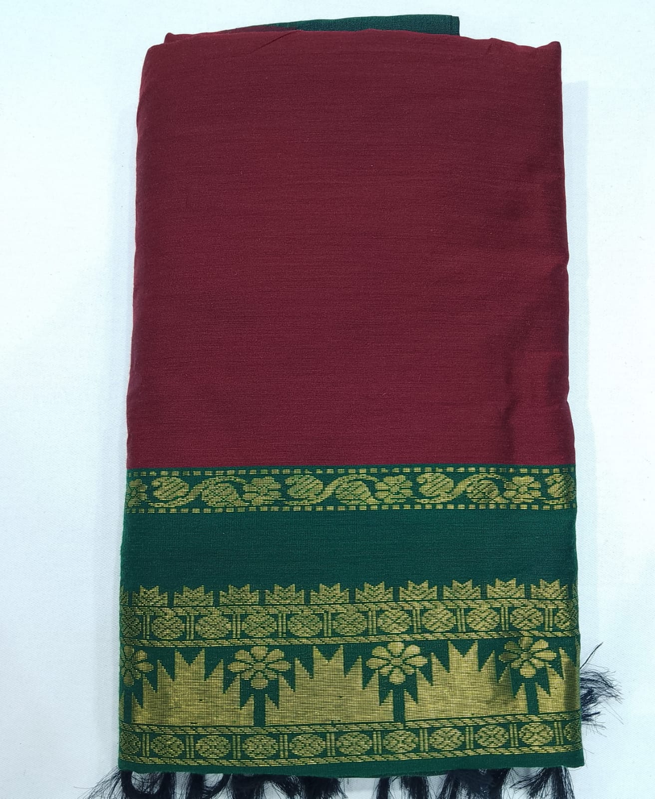 Rust Maroon Kalyani Cotton Saree with Bottle Green Zari Woven Pallu