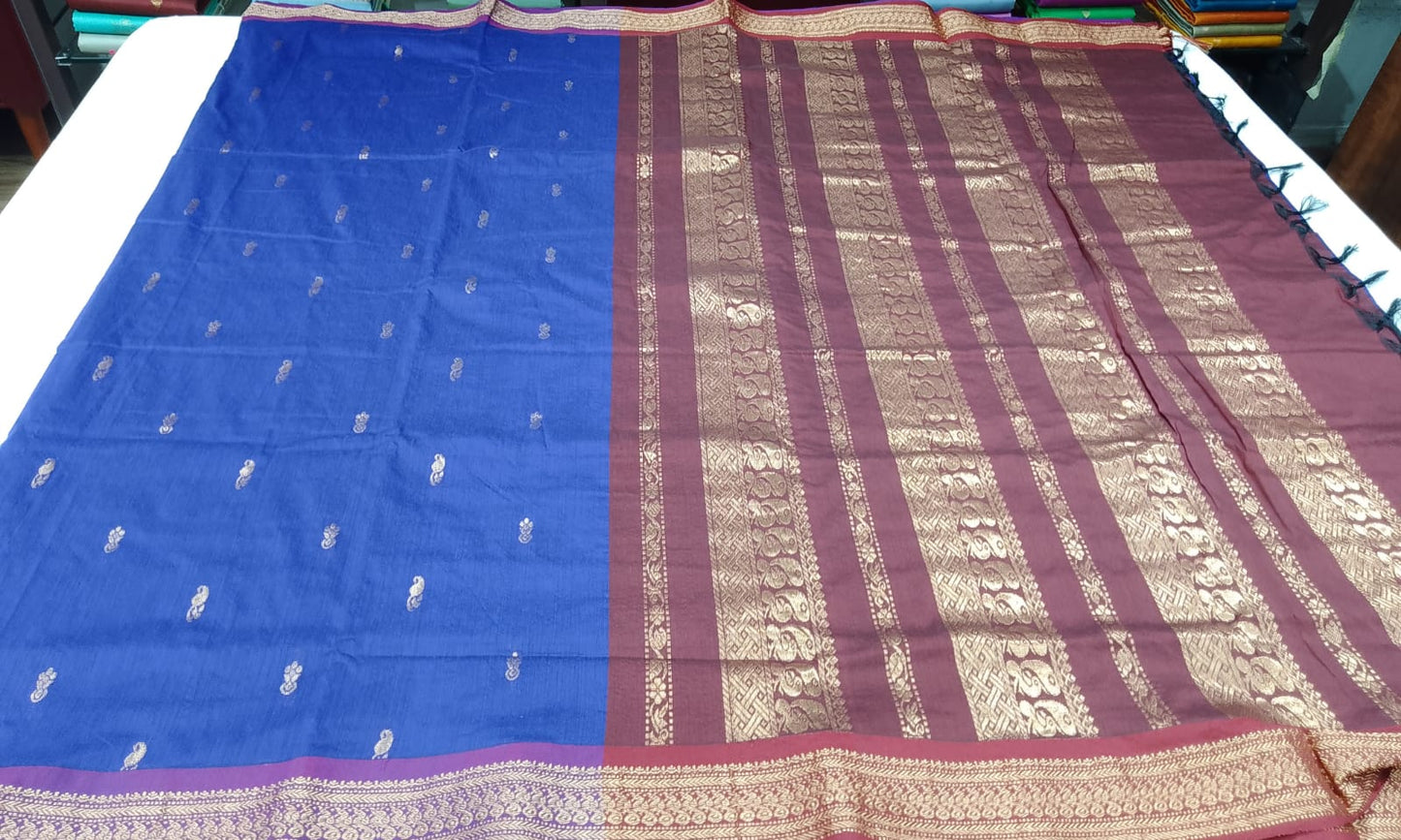 Deep Violet Kalyani Cotton Saree with Wine Brown Zari Woven Pallu