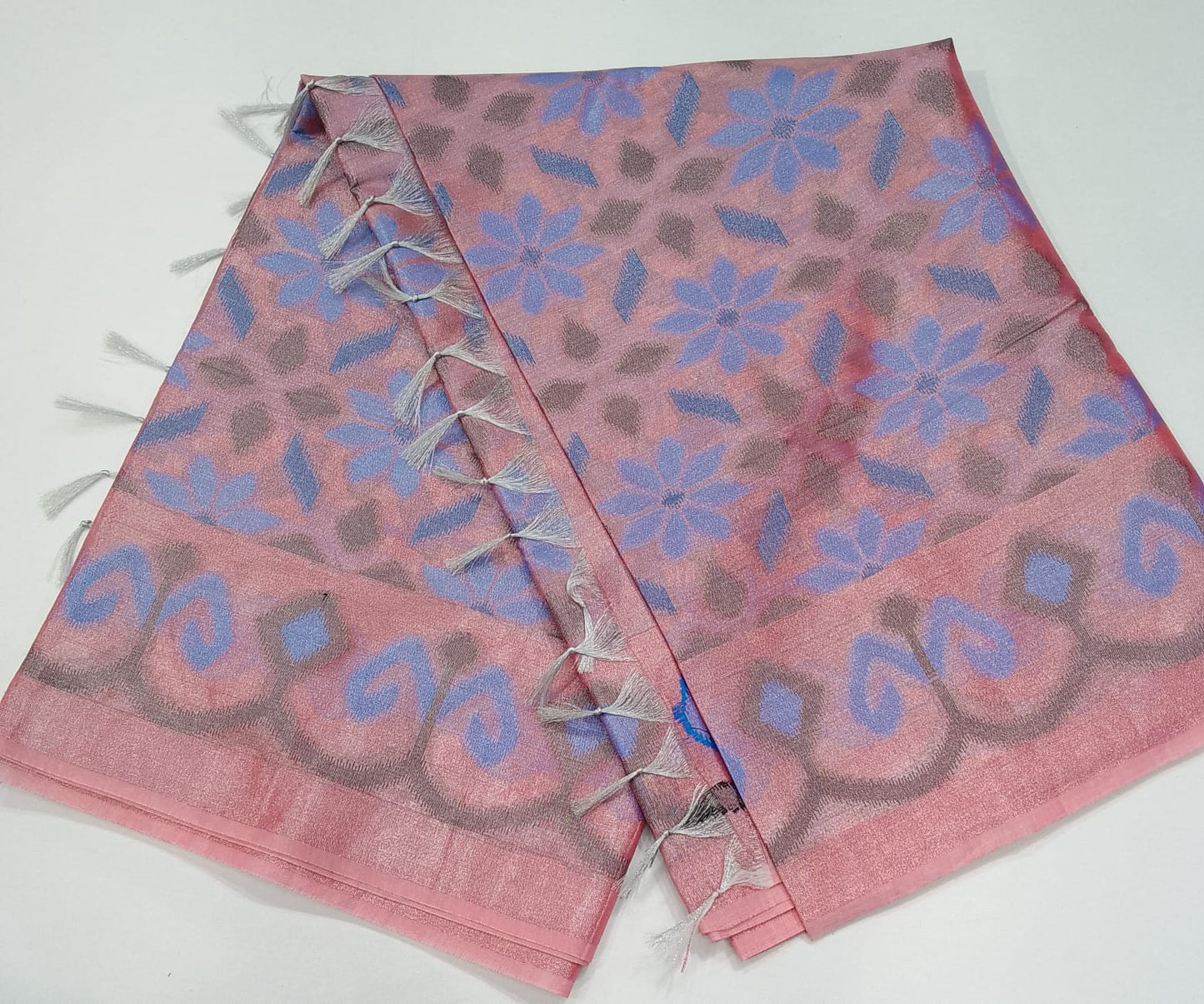 Meena Tissue Saree in Blush Pink with Powder Blue Floral Weaves & Silver Grey Accents