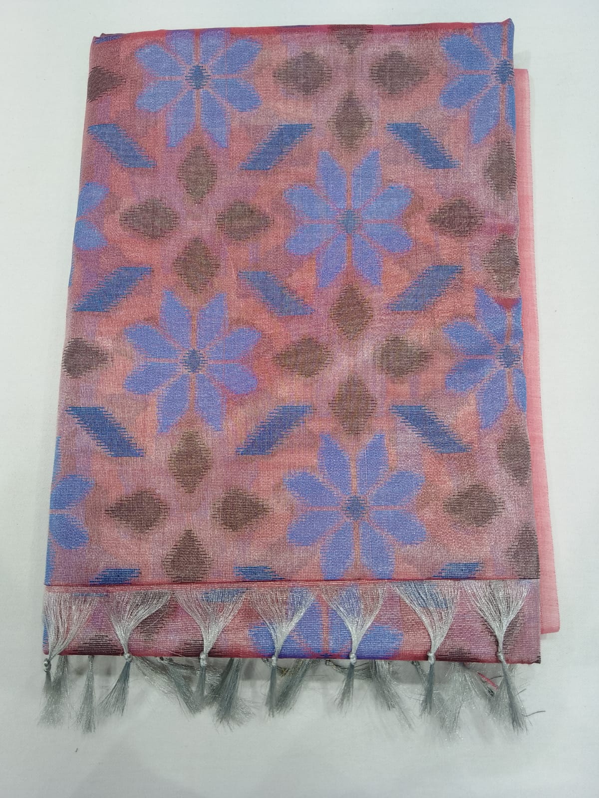 Meena Tissue Saree in Blush Pink with Powder Blue Floral Weaves & Silver Grey Accents