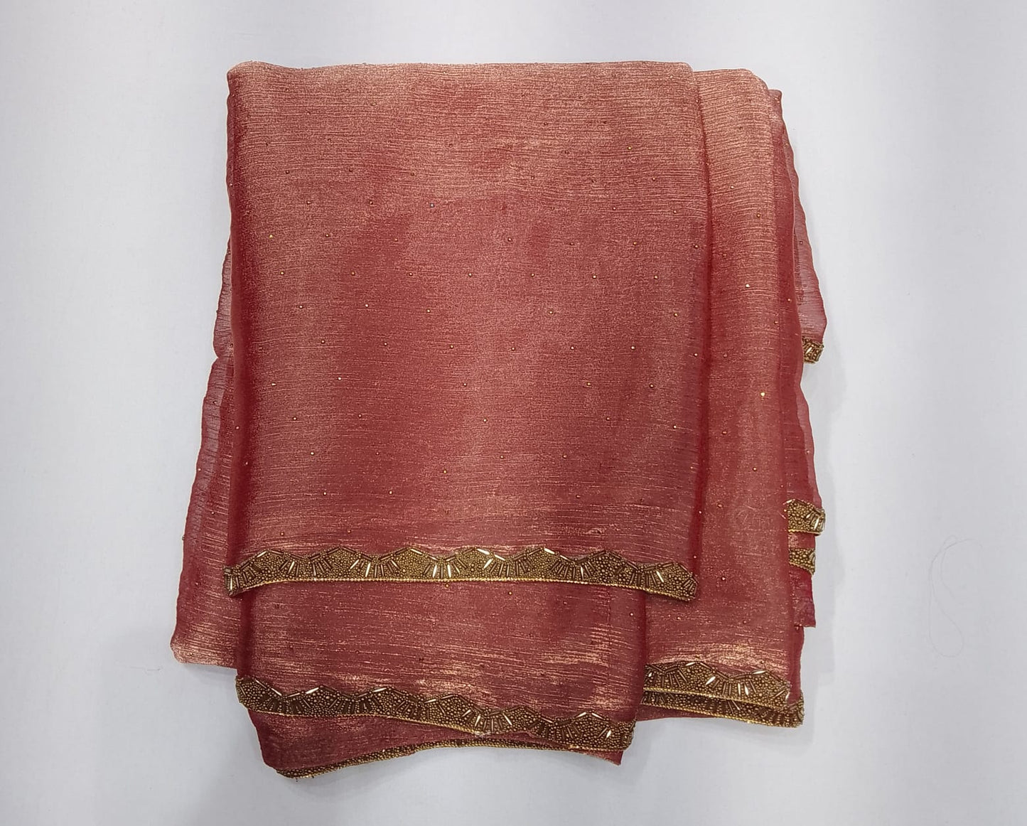 Elegant Dusty Rose Space Silk Jimmy Choo Saree with Antique Gold Embellished Border