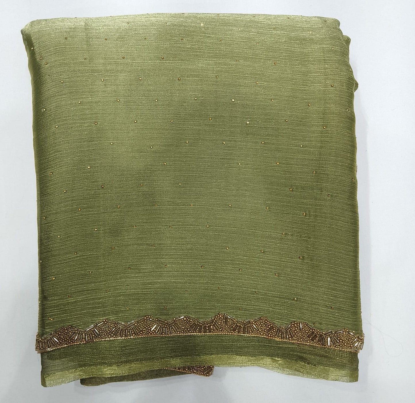 Elegant Sage Green Space Silk Jimmy Choo Saree with Antique Gold Designer Border