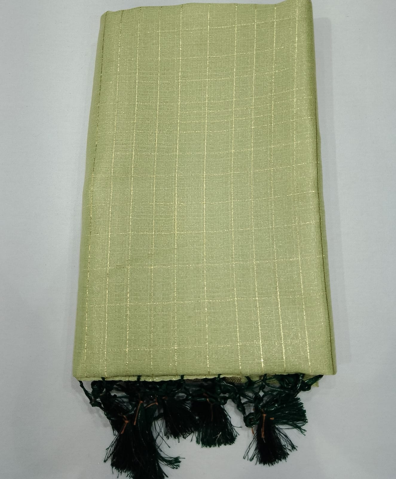 Elegant Pistachio Green Linen Saree with Golden Zari Border & Designer Blouse