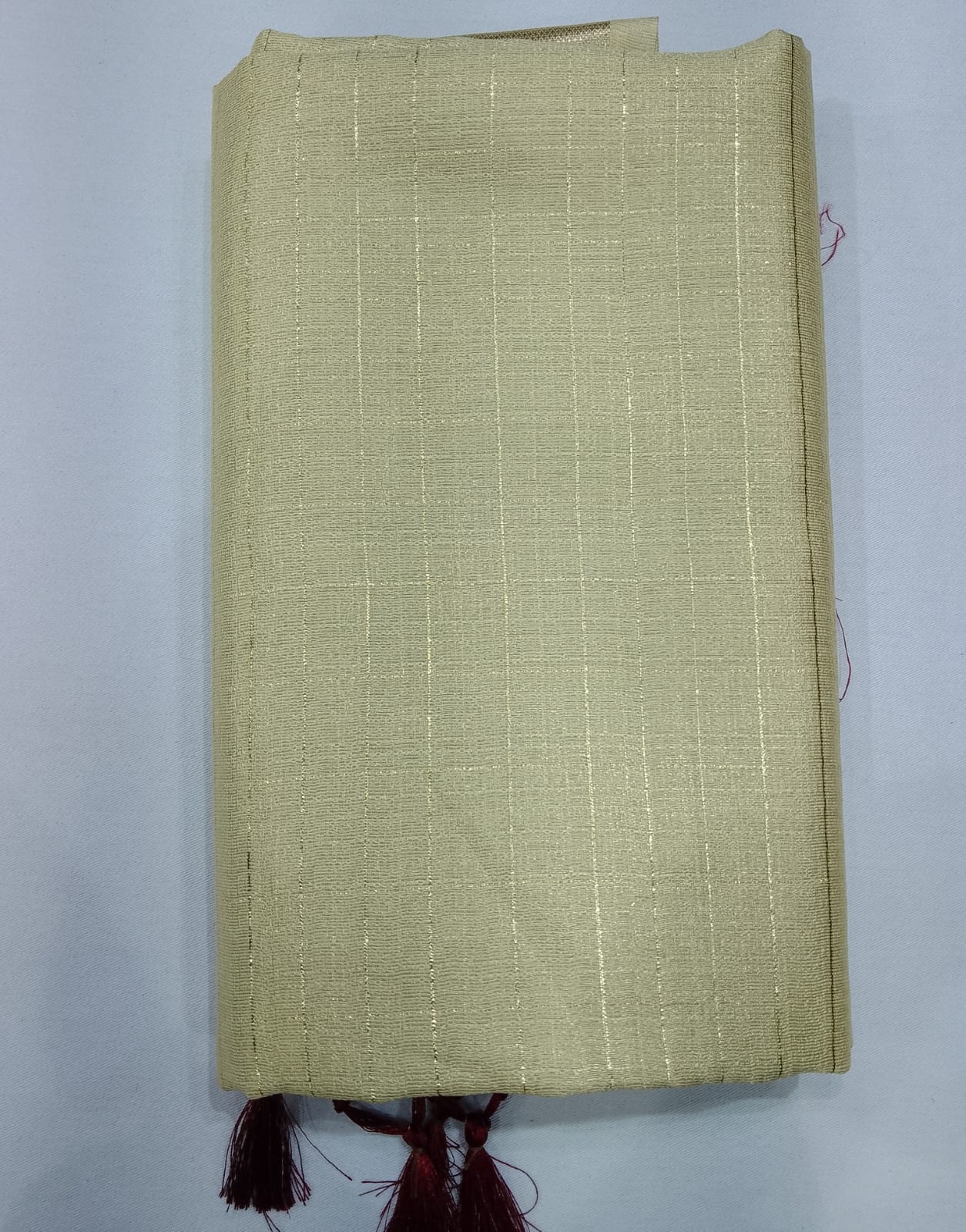 Elegant Ivory Cream Linen Tissue Saree with Maroon Designer Blouse & Golden Zari Border