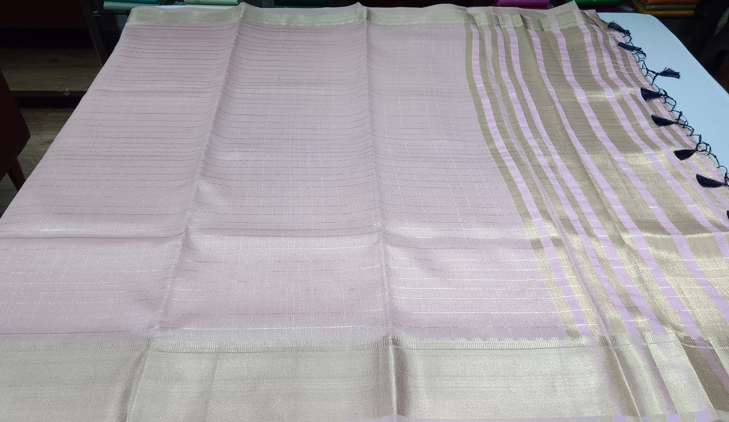 Graceful Pink Linen Saree with Royal Blue Designer Blouse & Silver-Gold Zari Border