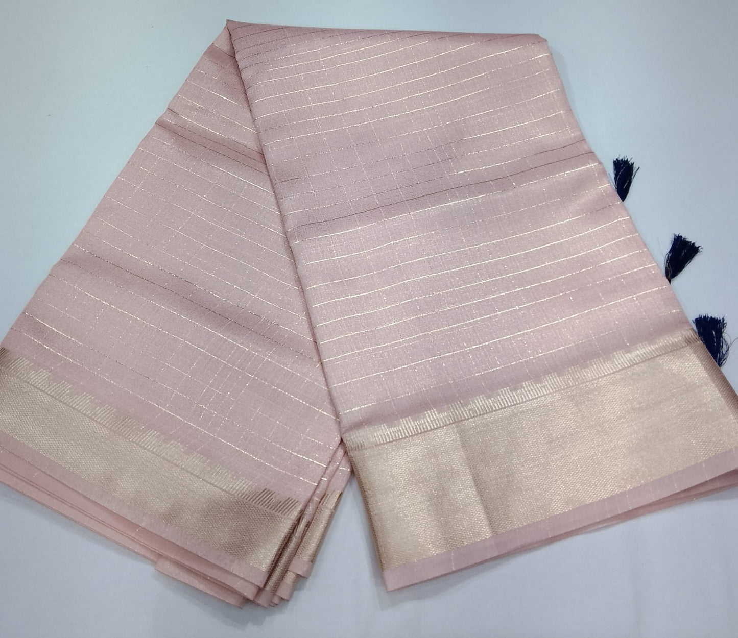 Graceful Pink Linen Saree with Royal Blue Designer Blouse & Silver-Gold Zari Border