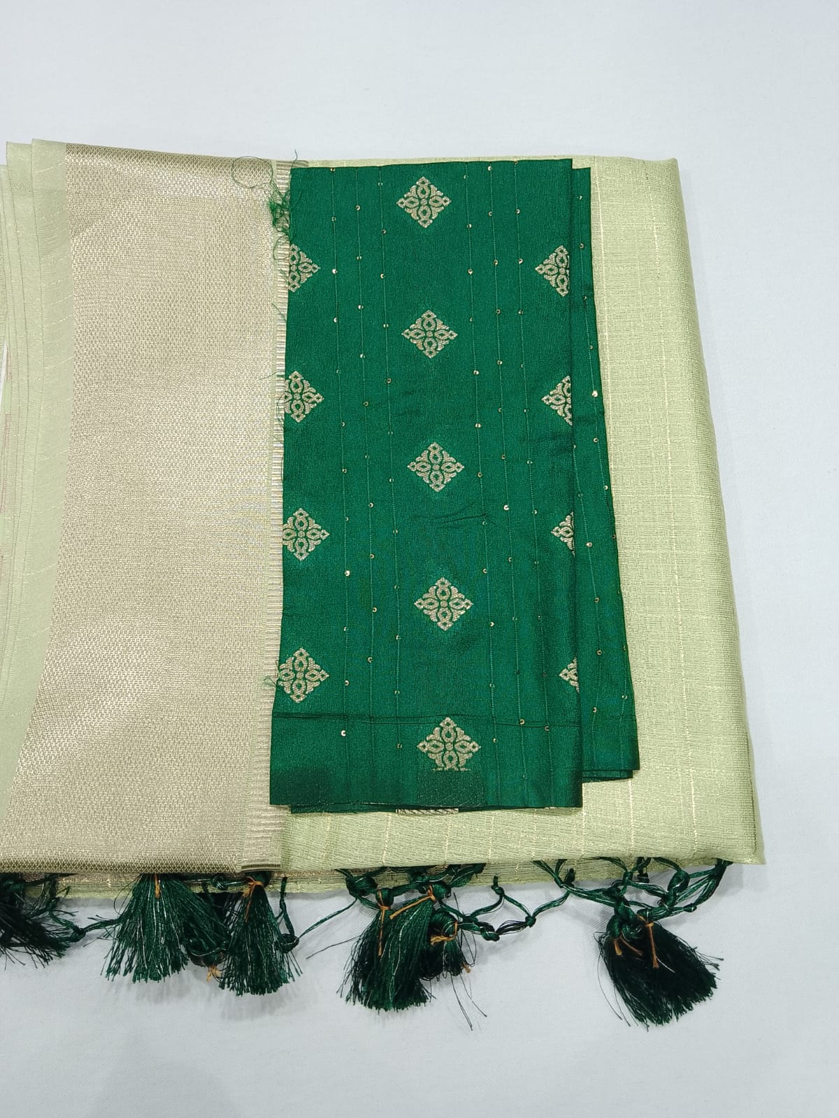 Elegant Pistachio Green Linen Saree with Golden Zari Border & Designer Blouse