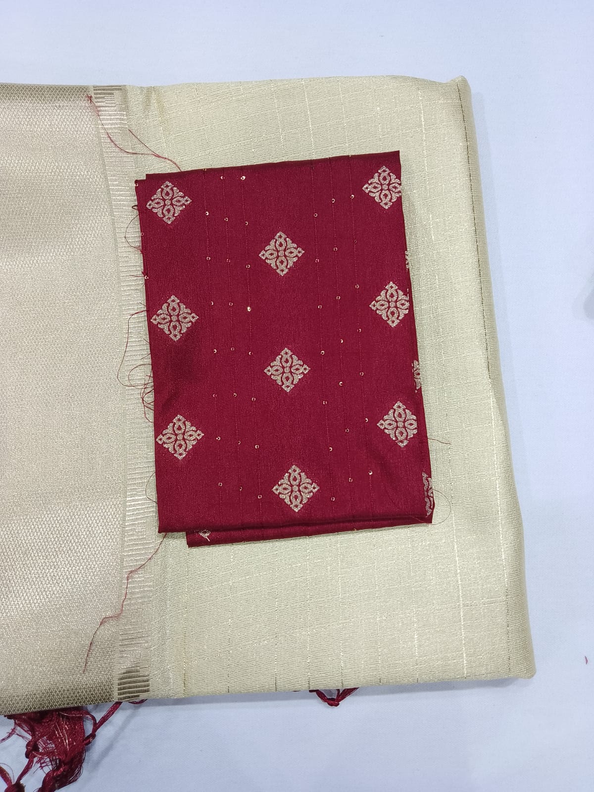 Elegant Ivory Cream Linen Tissue Saree with Maroon Designer Blouse & Golden Zari Border