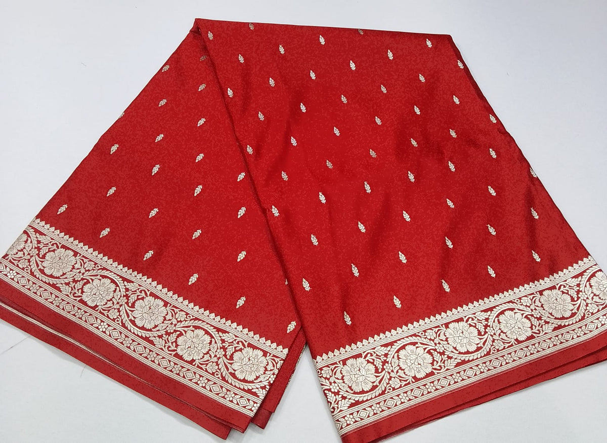 Rich Vermilion Red Banarasi Mashroo Silk Saree with Antique Silver Zari Buttis