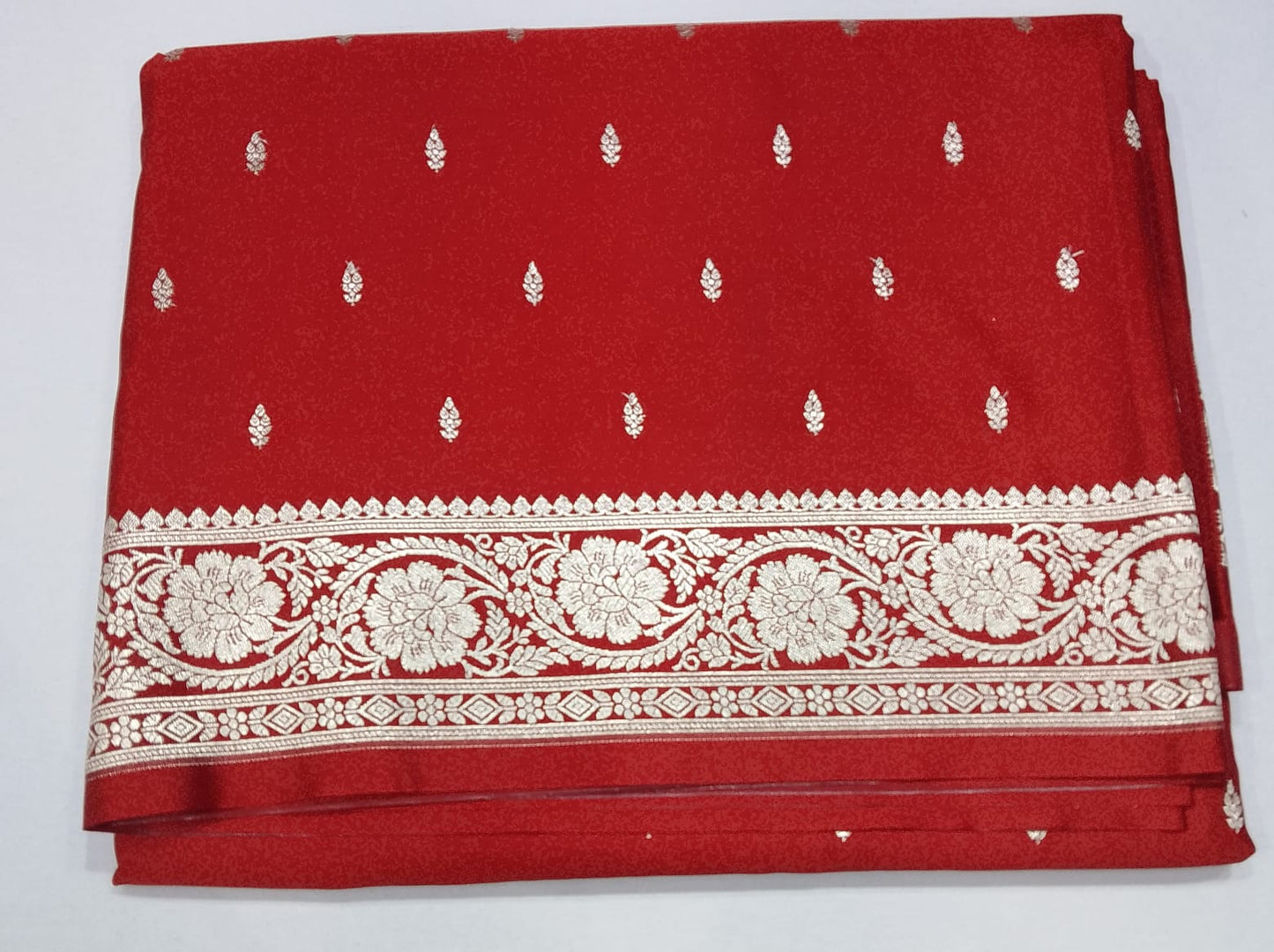 Rich Vermilion Red Banarasi Mashroo Silk Saree with Antique Silver Zari Buttis